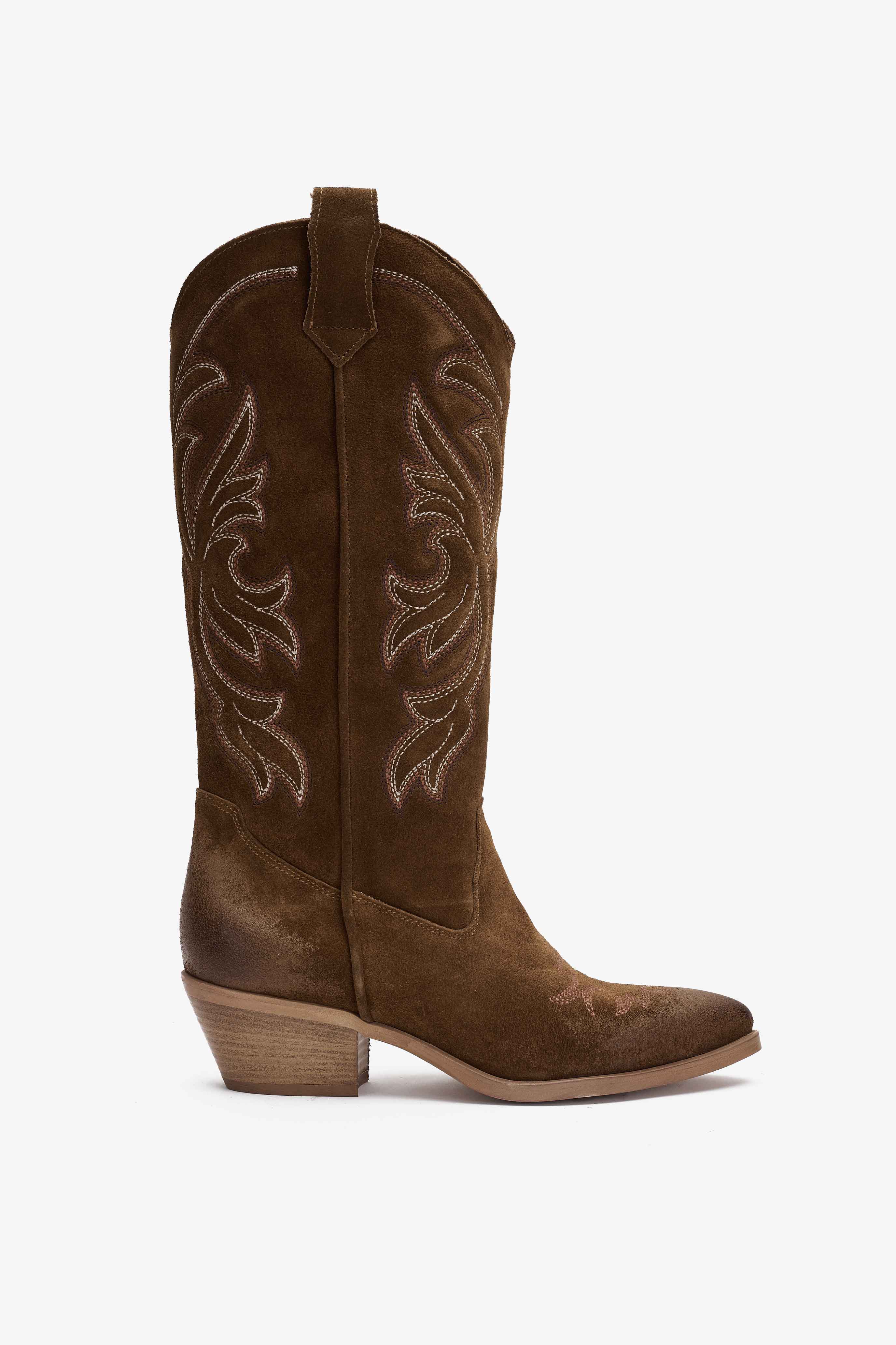 Stivale Texano in Camoscio Tabacco con Ricamo - Selva