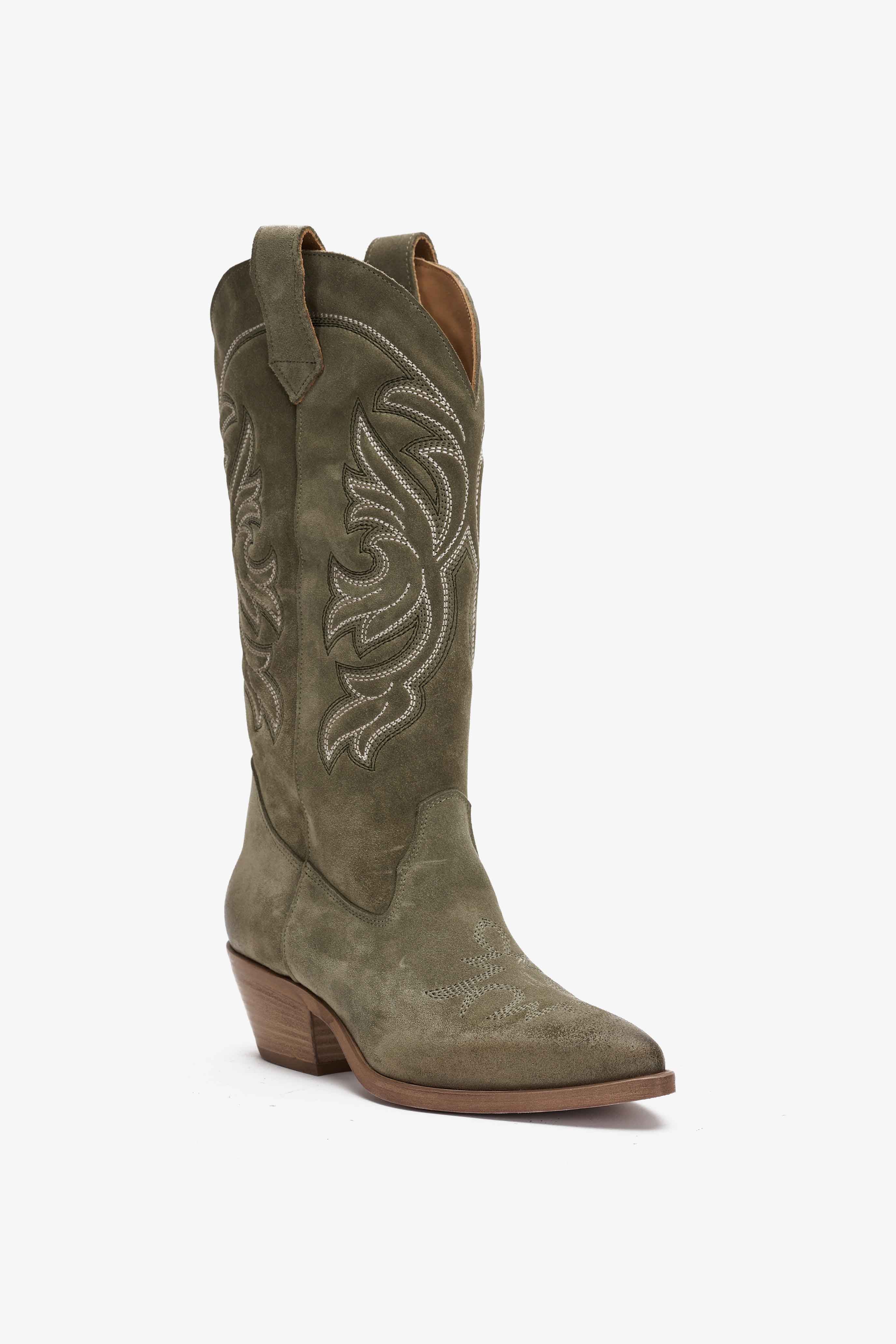 Stivale Texano in Camoscio Verde con Ricamo - Selva