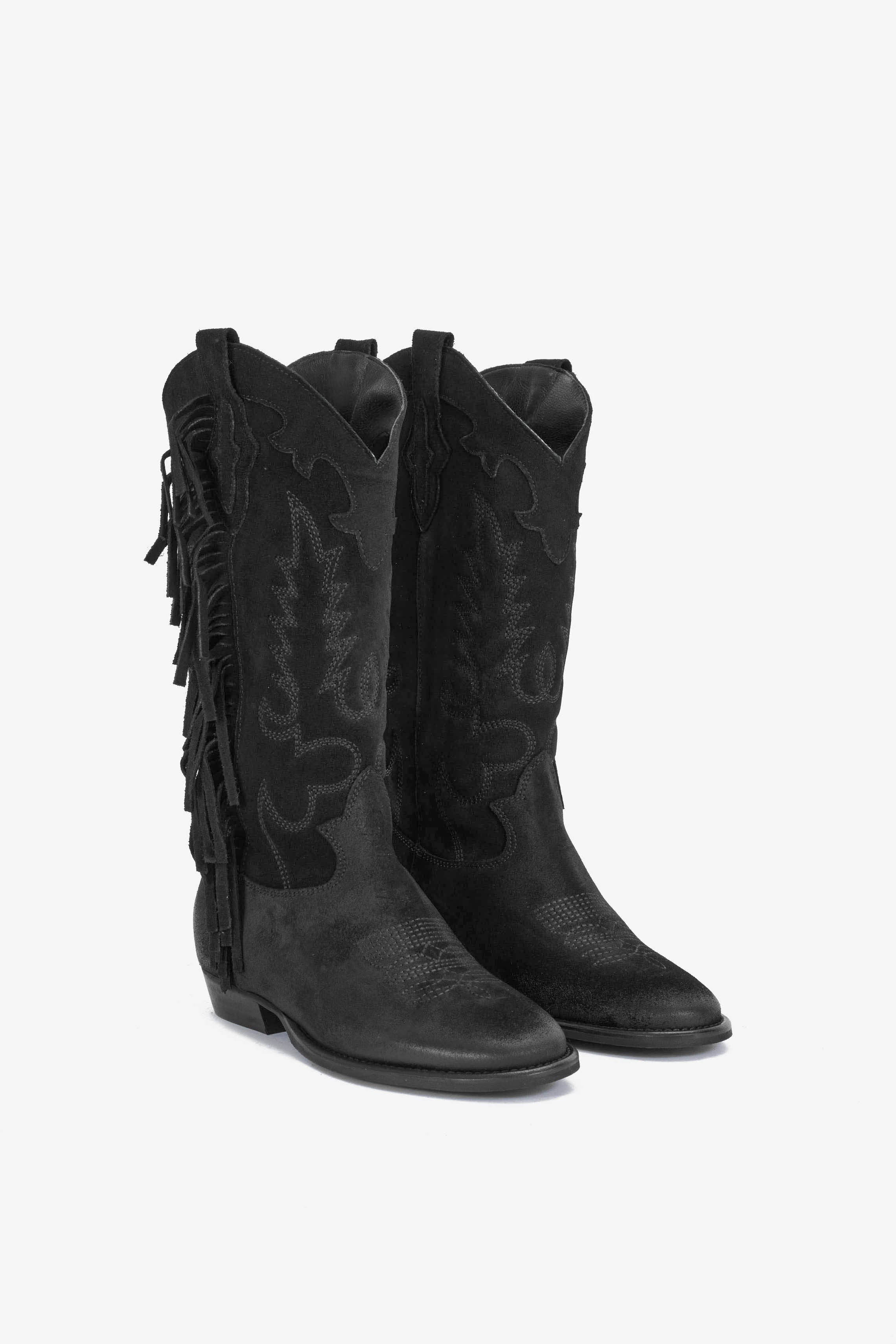 Stivale in Camoscio Nero con Ricamo e Frange - Electra