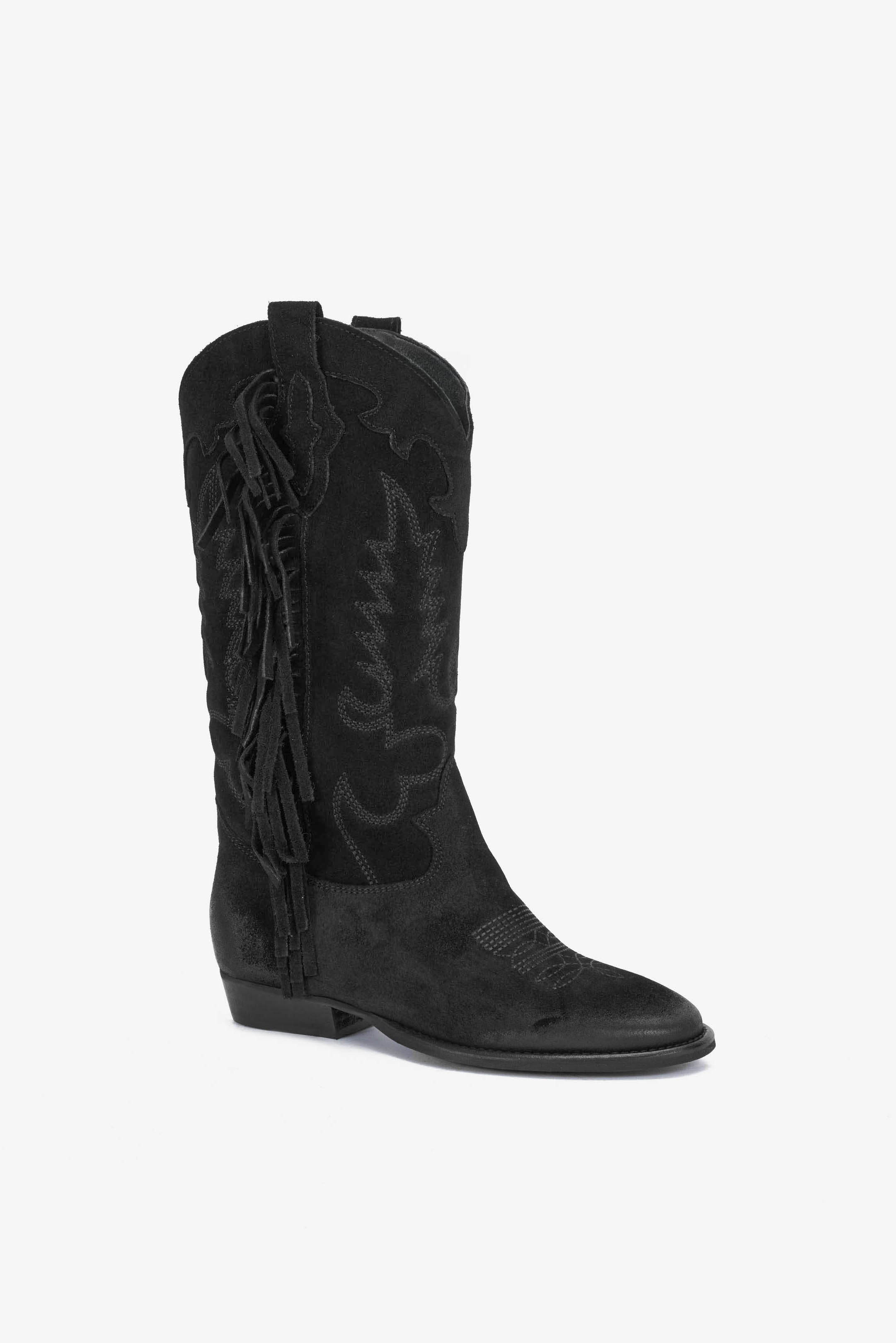 Stivale in Camoscio Nero con Ricamo e Frange - Electra
