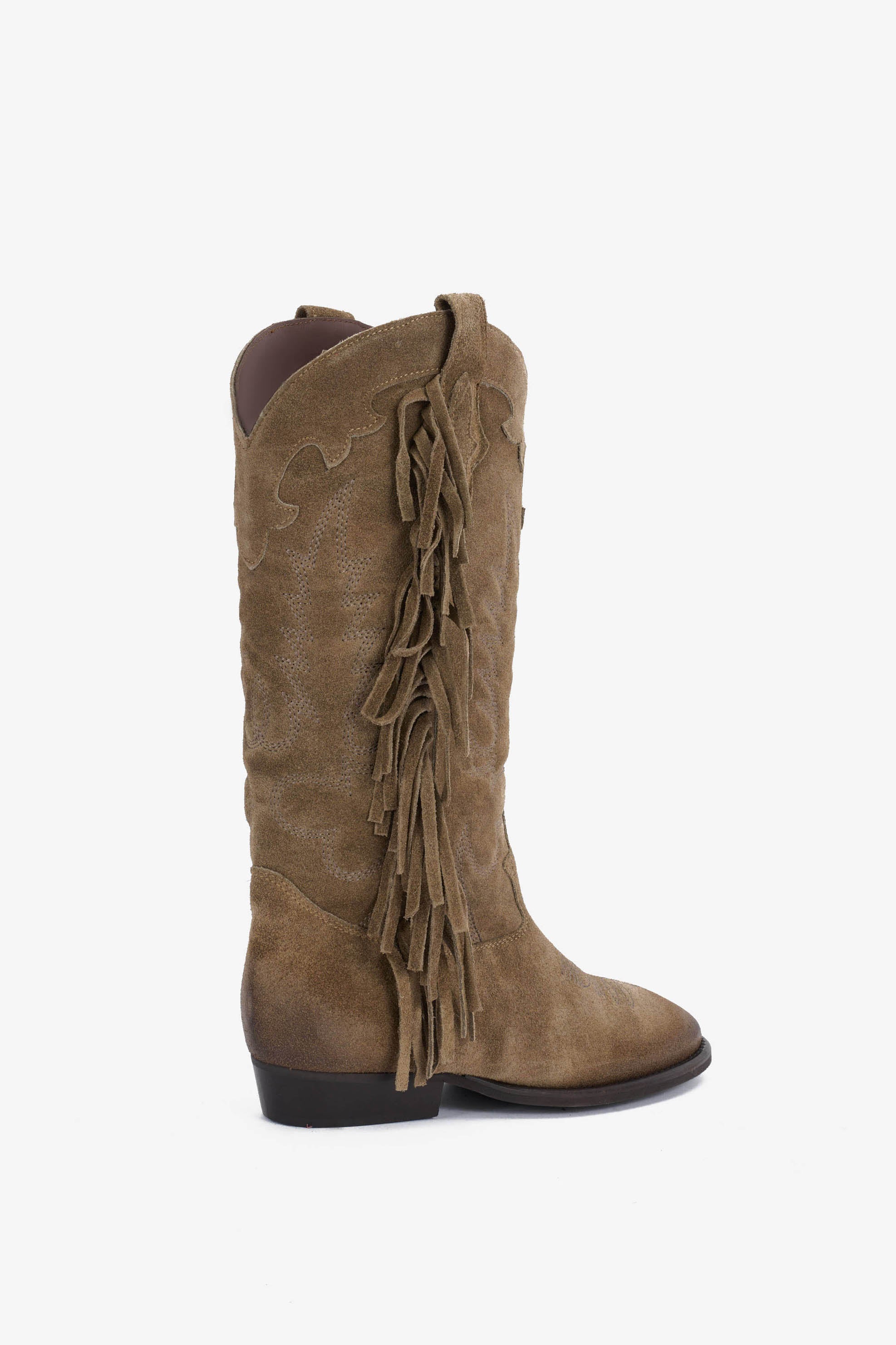 Stivale in Camoscio Fango con Ricamo e Frange - Electra