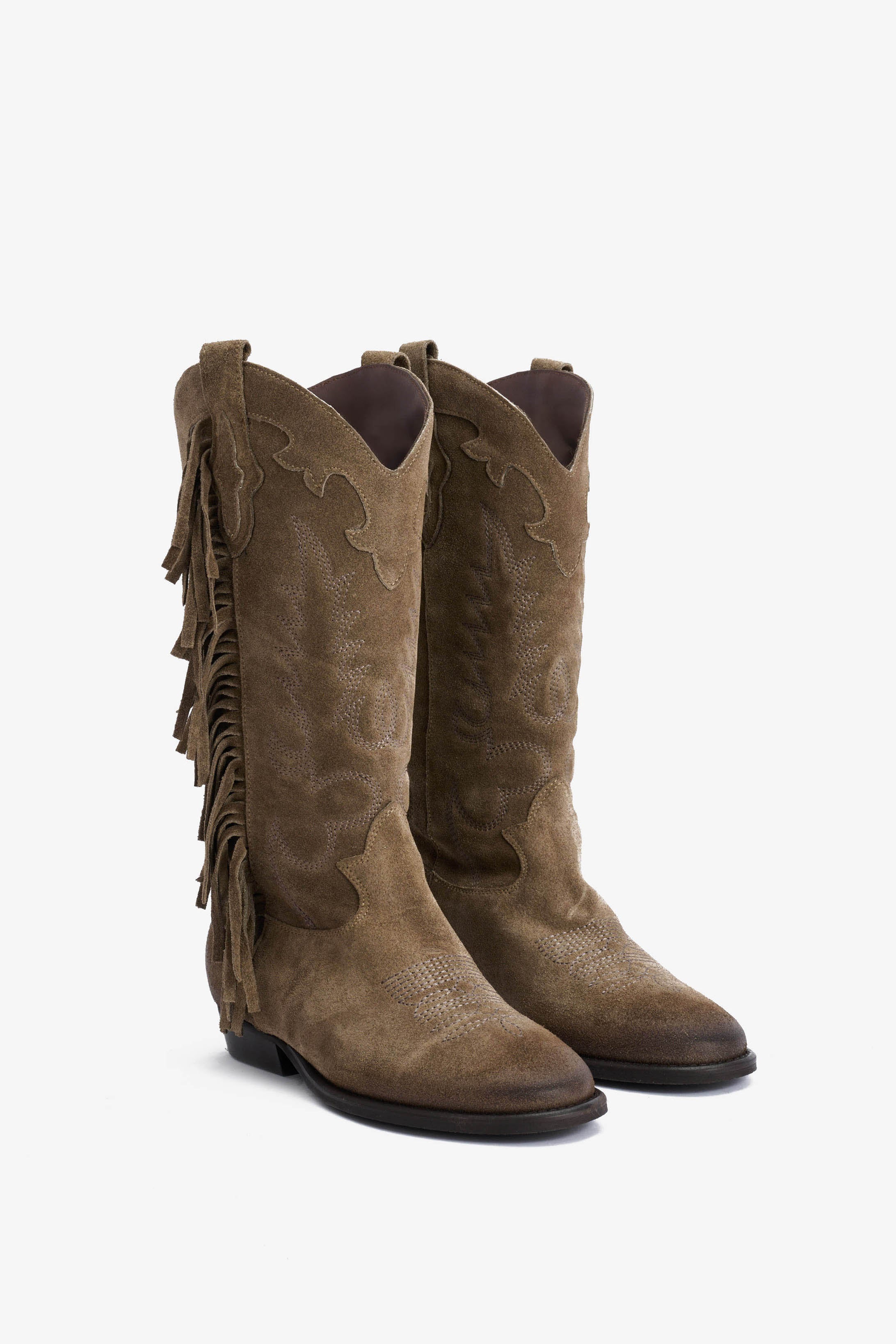 Stivale in Camoscio Fango con Ricamo e Frange - Electra