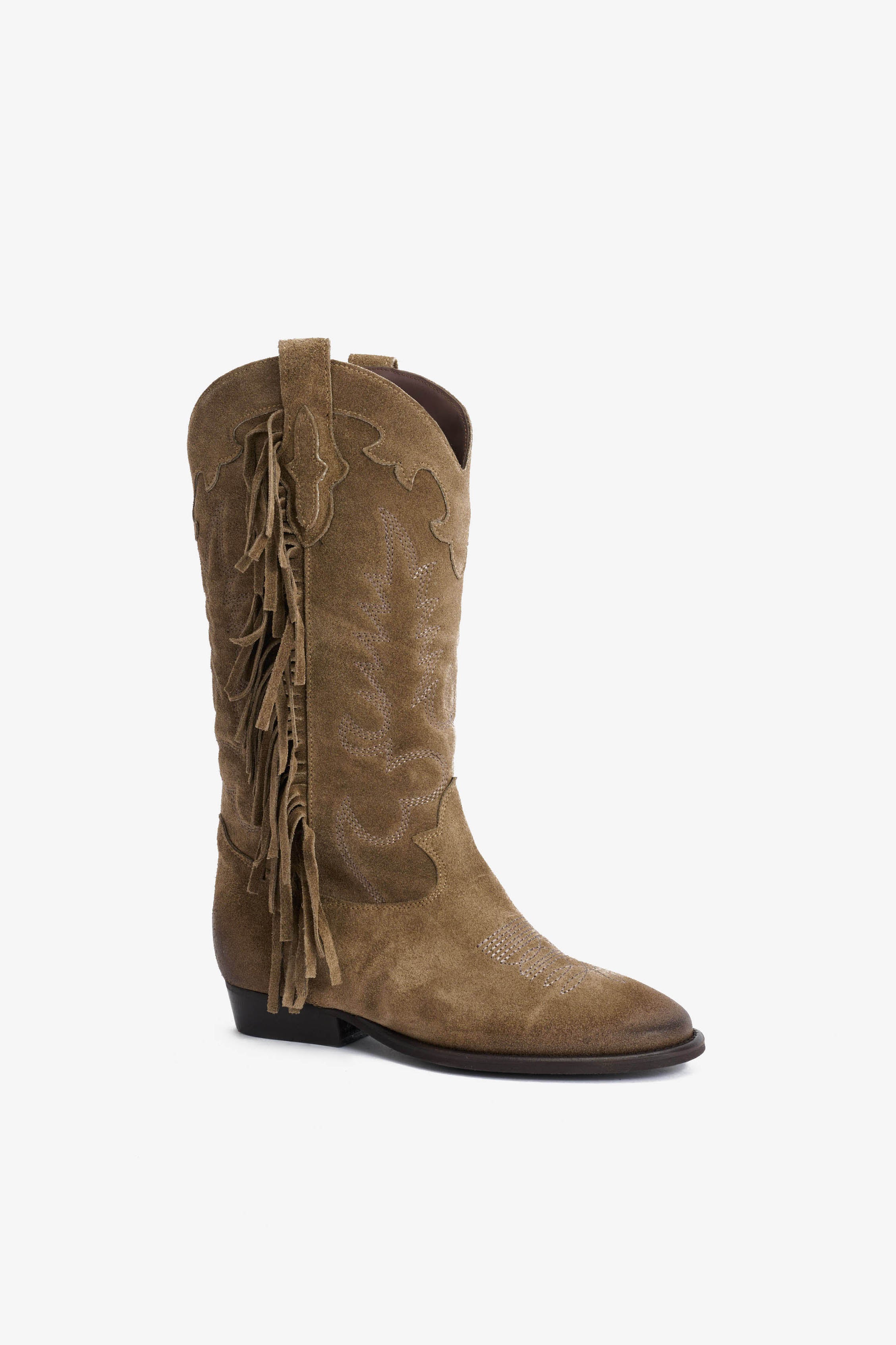 Stivale in Camoscio Fango con Ricamo e Frange - Electra