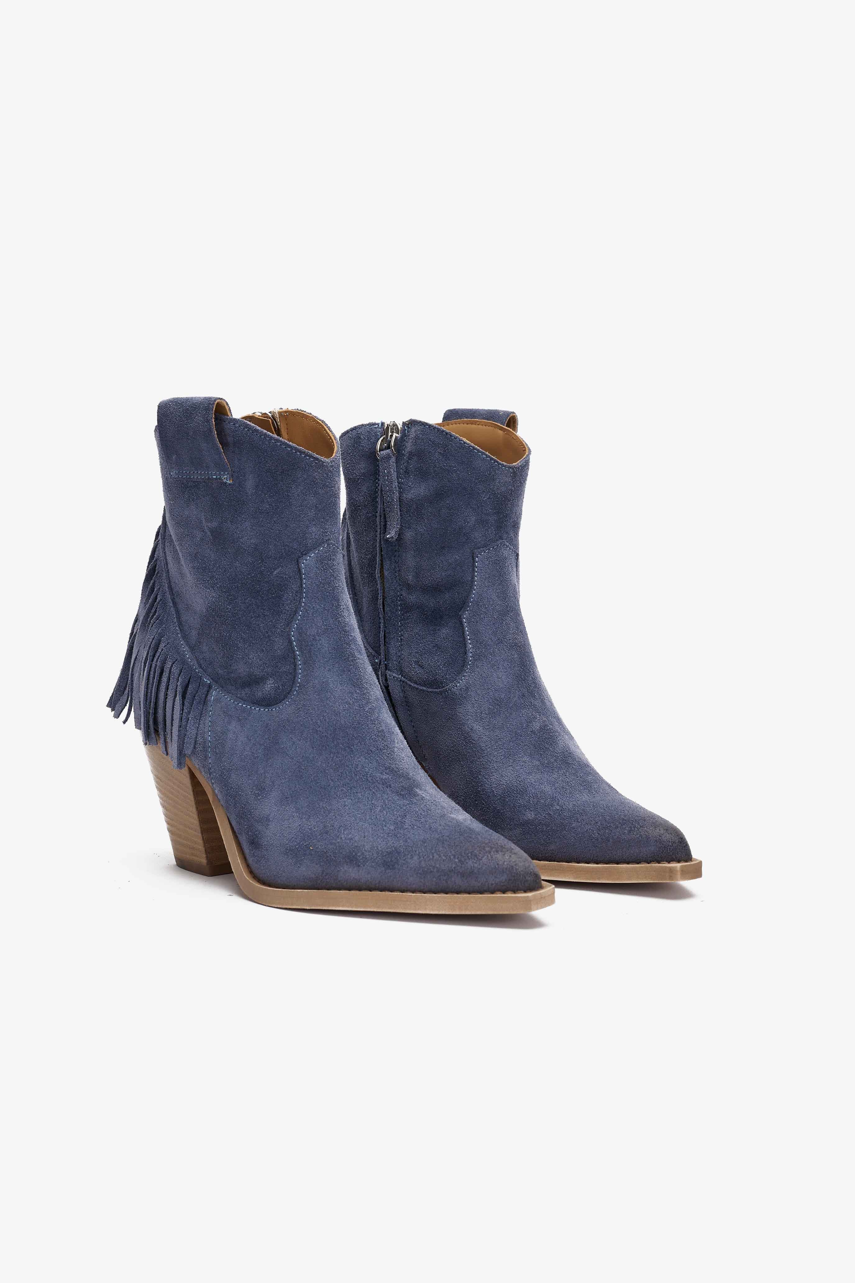 Stivaletto in Camoscio Blu Denim con Frange - Ember