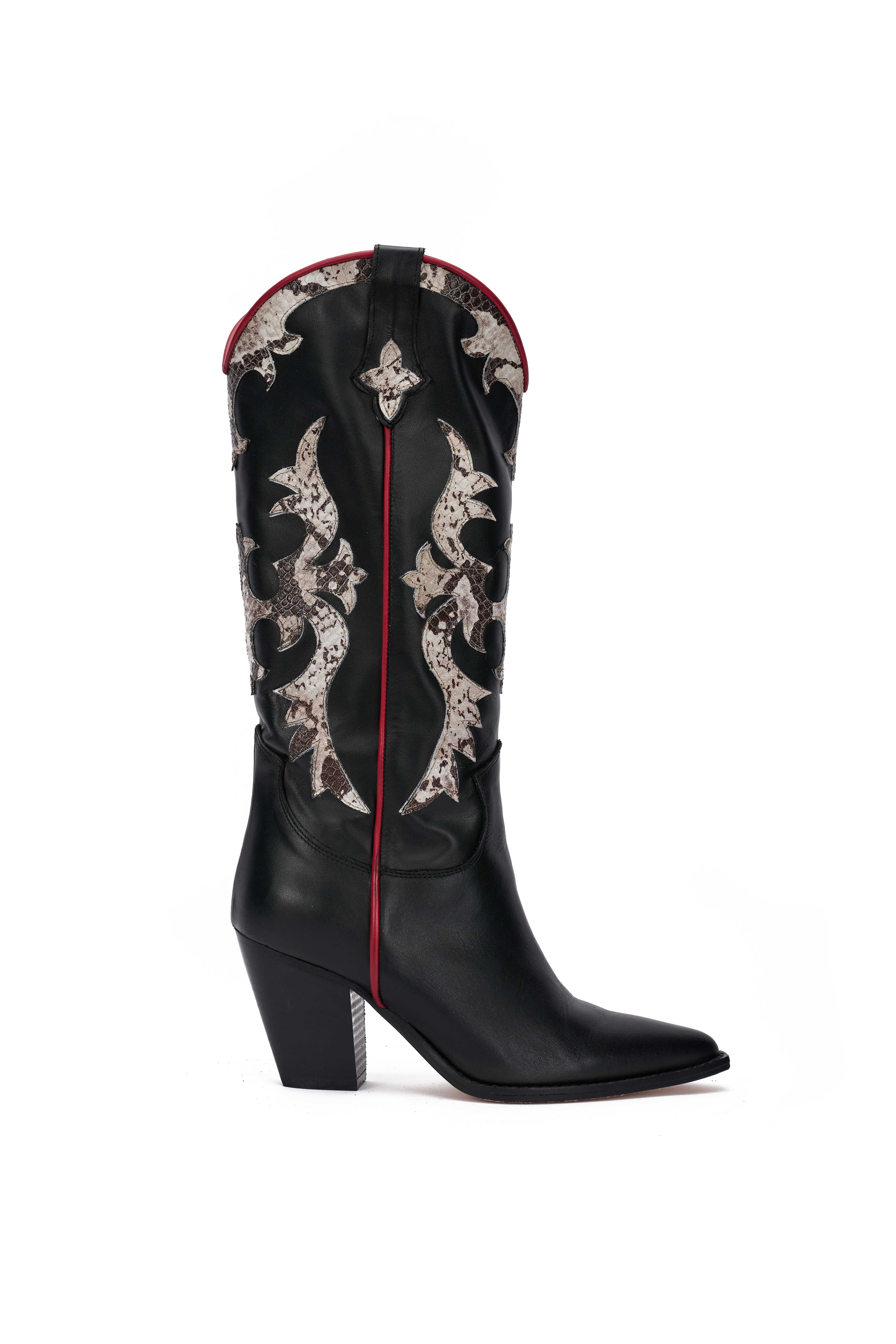 Stivale in Pelle Nera con Riporto Pitone Roccia e Profilo Rosso - Cheyenne