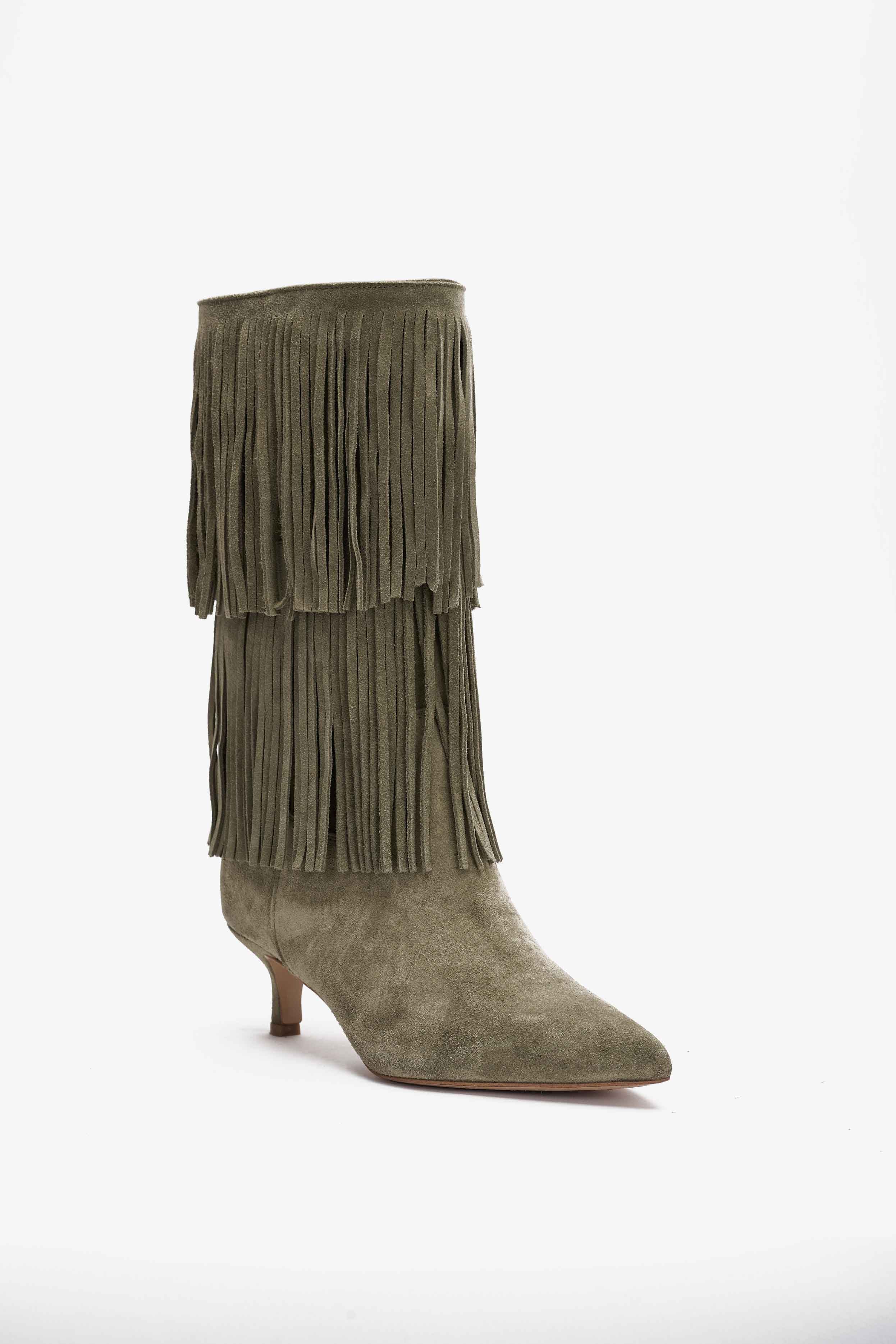 Stivale in Camoscio Verde Militare con Doppia Frangia - Zara