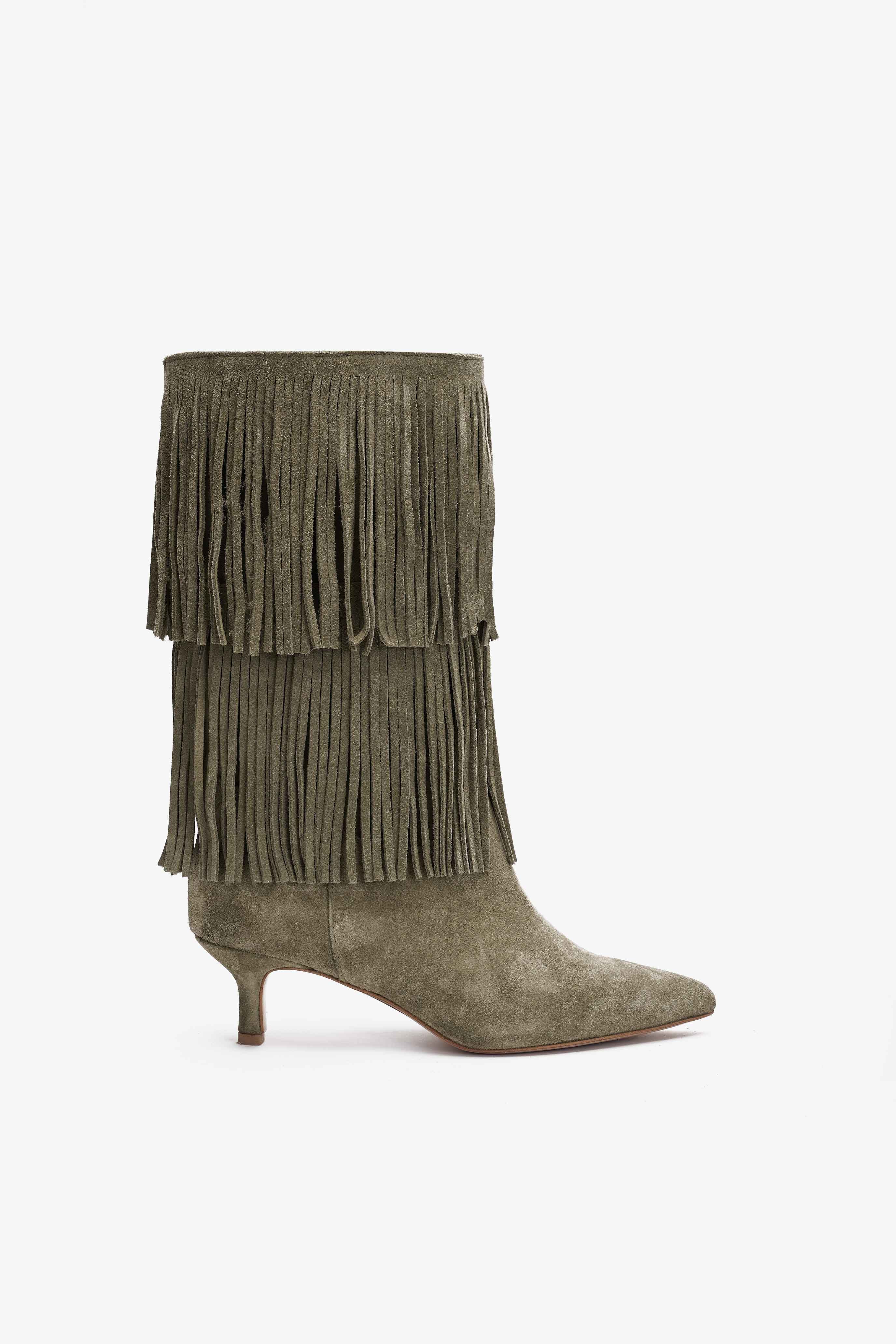 Stivale in Camoscio Verde Militare con Doppia Frangia - Zara