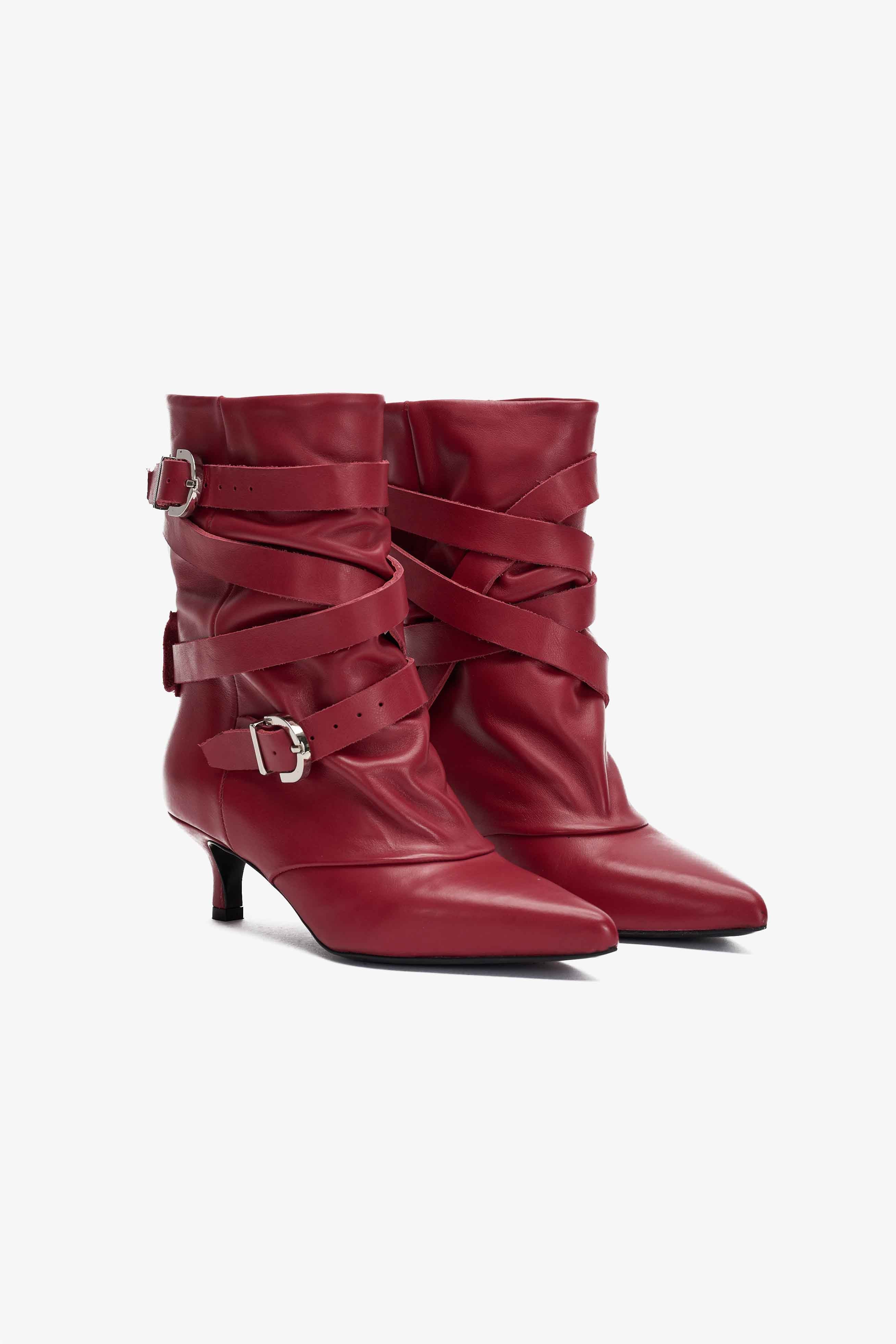 Stivaletto in Pelle Bordeaux con Multi-Cinturino - Rebel