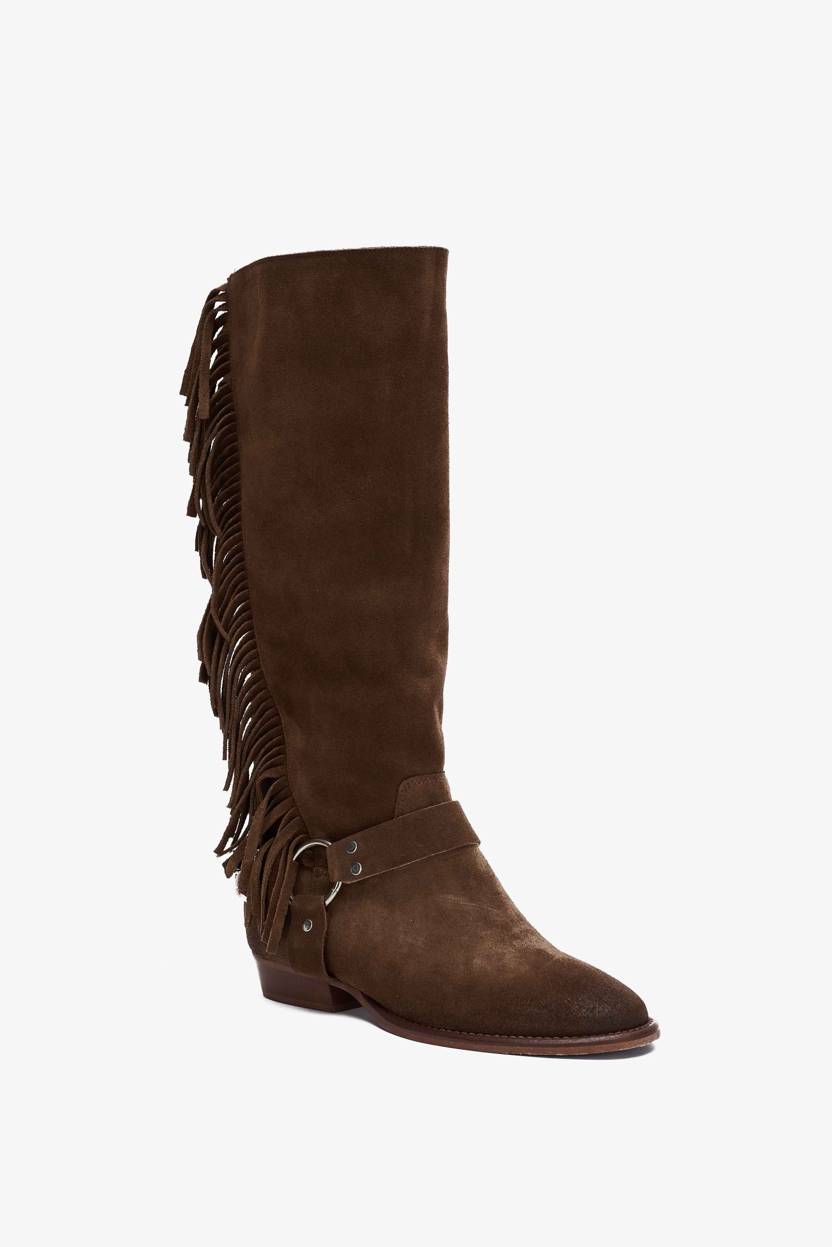 Stivale in Camoscio Castagna con Frange e Cinturino - Stone