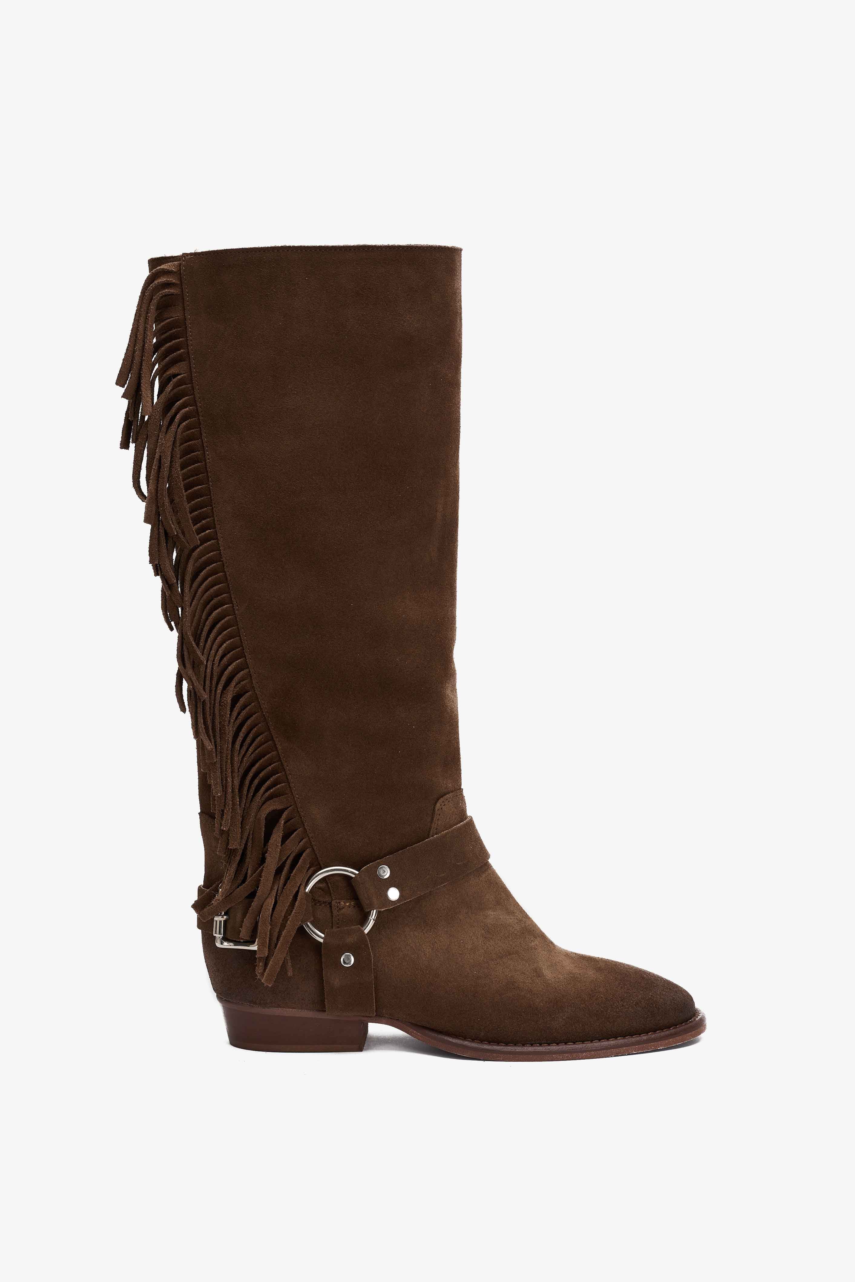 Stivale in Camoscio Castagna con Frange e Cinturino - Stone