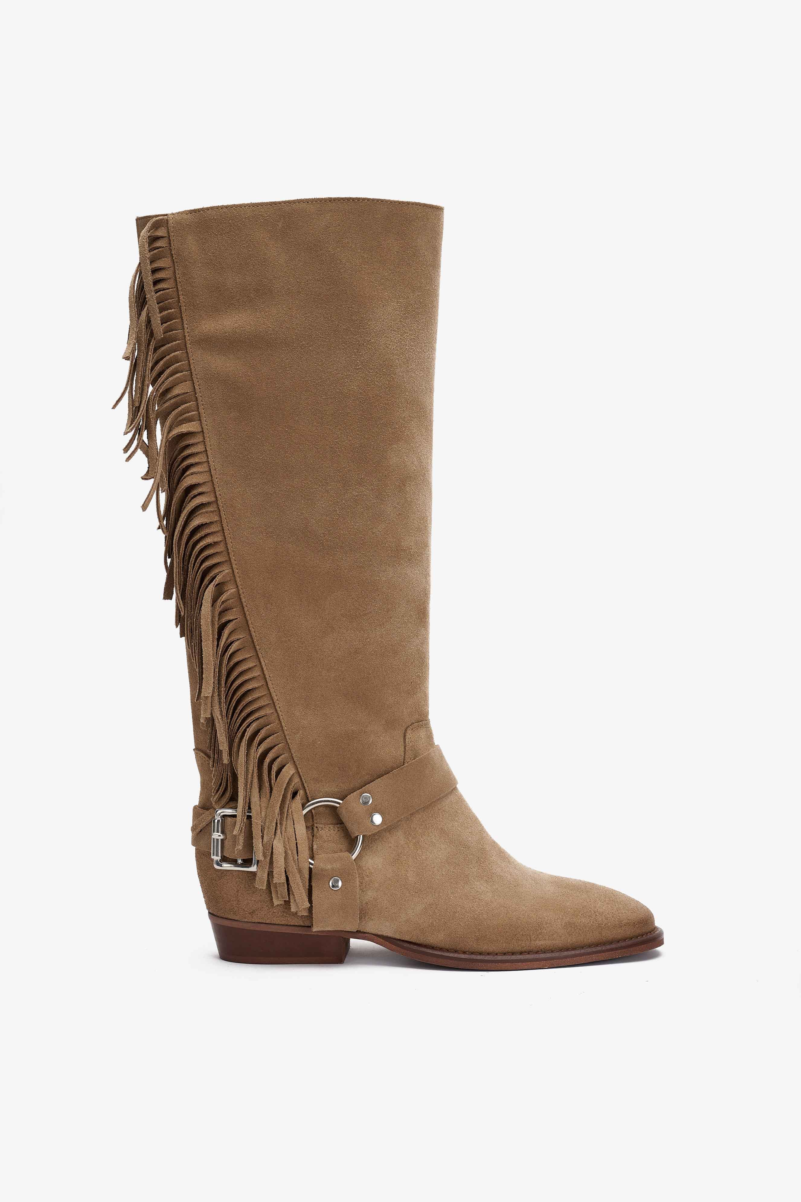 Stivale in Camoscio Deserto con Frange e Cinturino - Stone