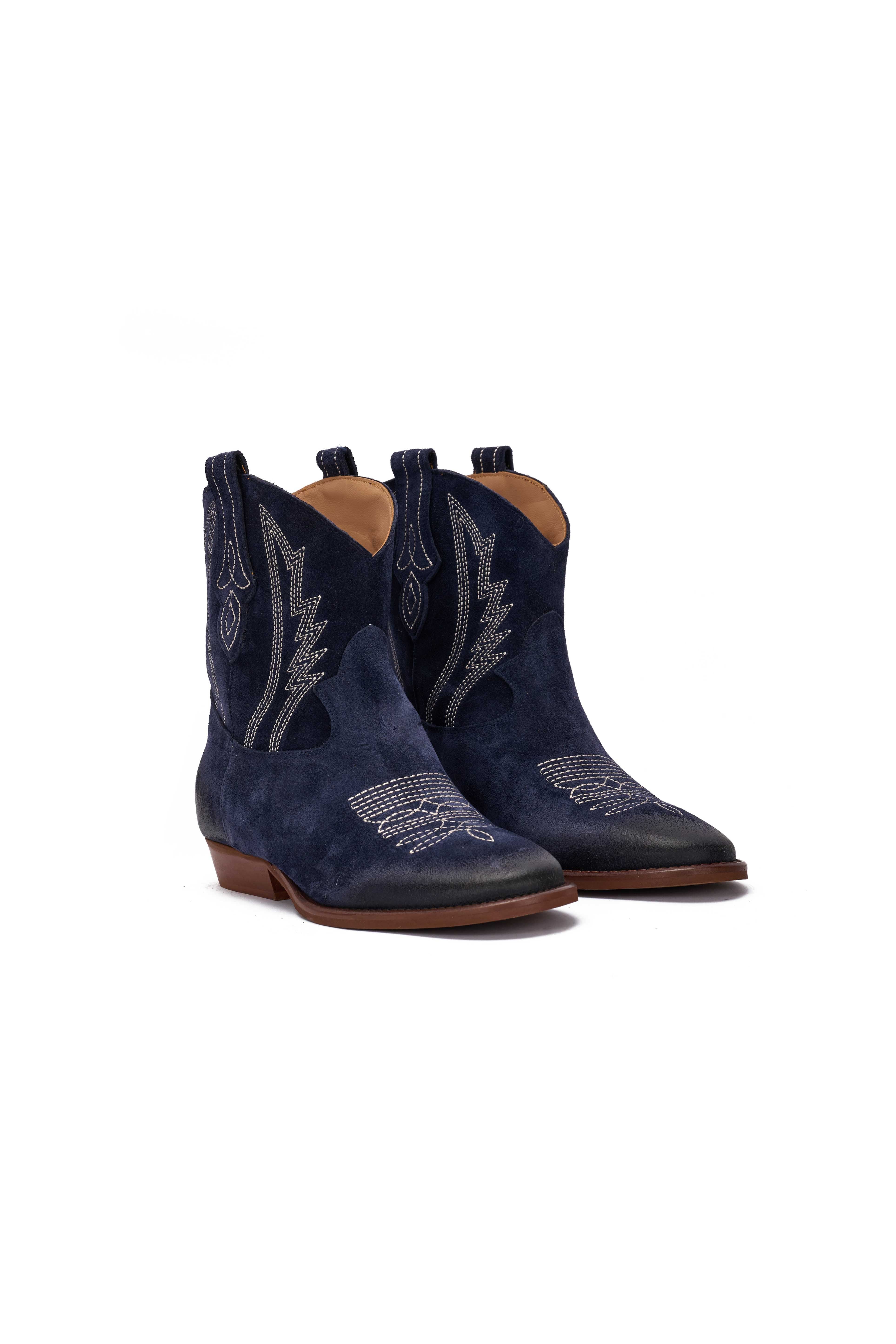 Stivaletto in Camoscio Blu con Ricamo Beige - Desya