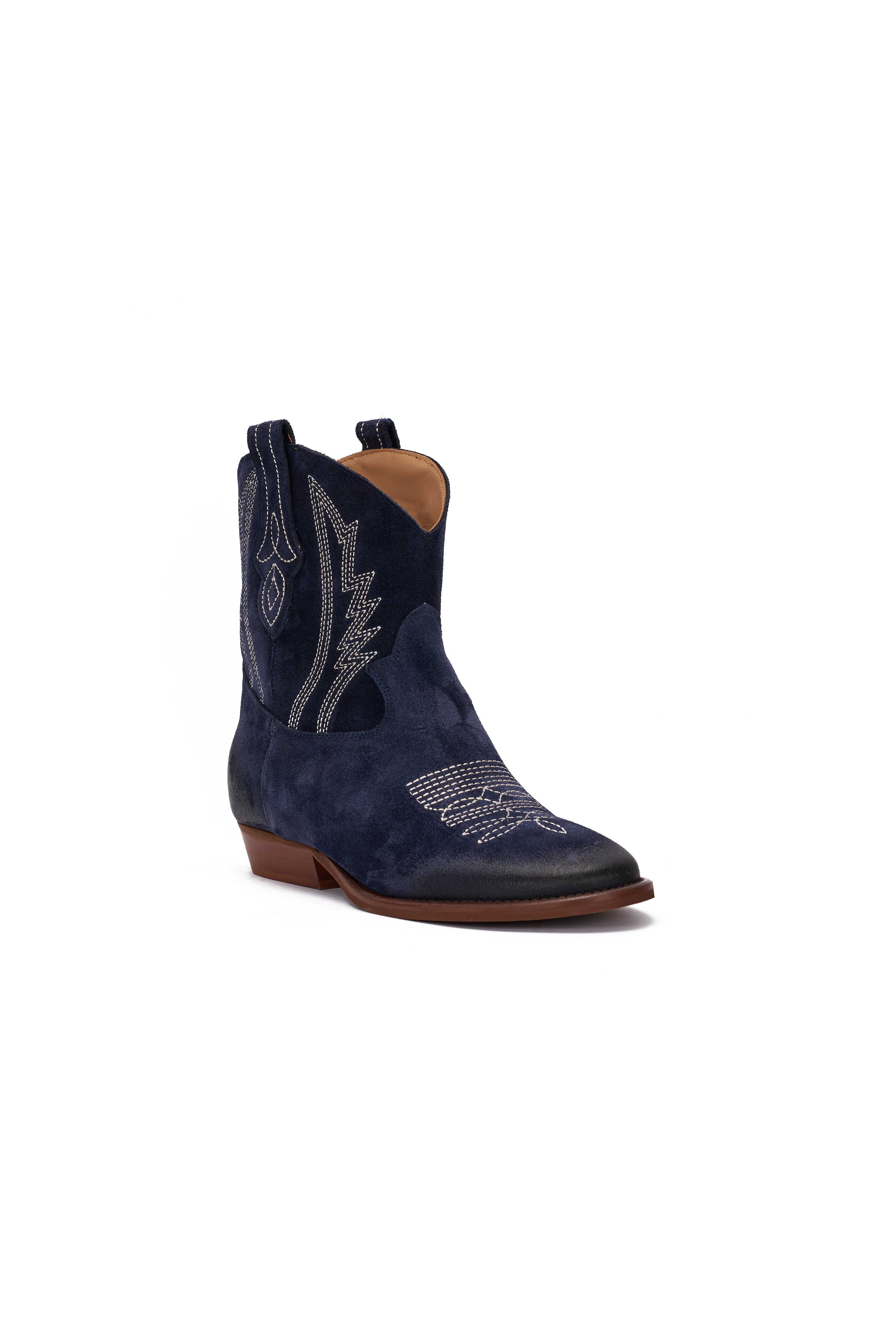 Stivaletto in Camoscio Blu con Ricamo Beige - Desya