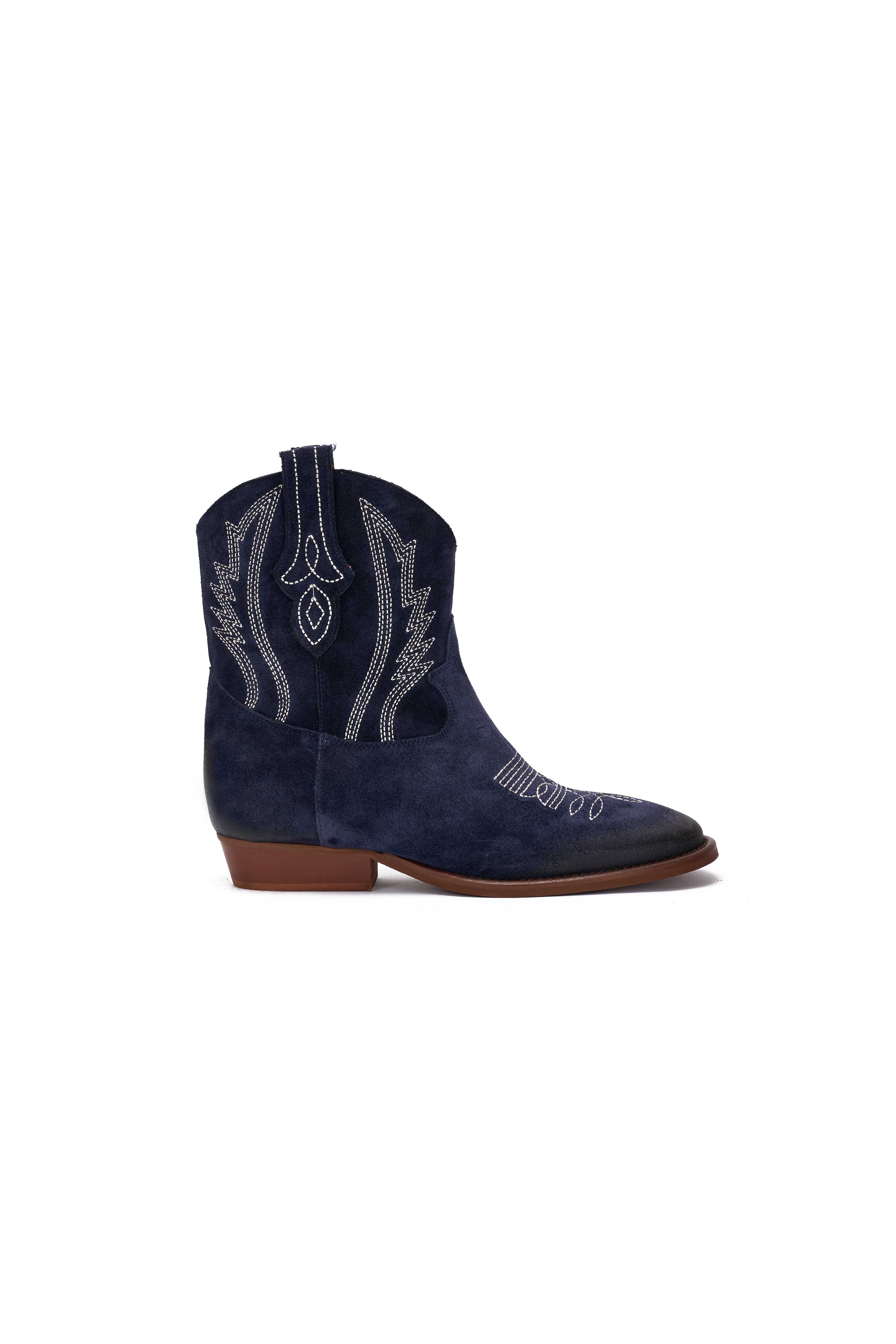 Stivaletto in Camoscio Blu con Ricamo Beige - Desya