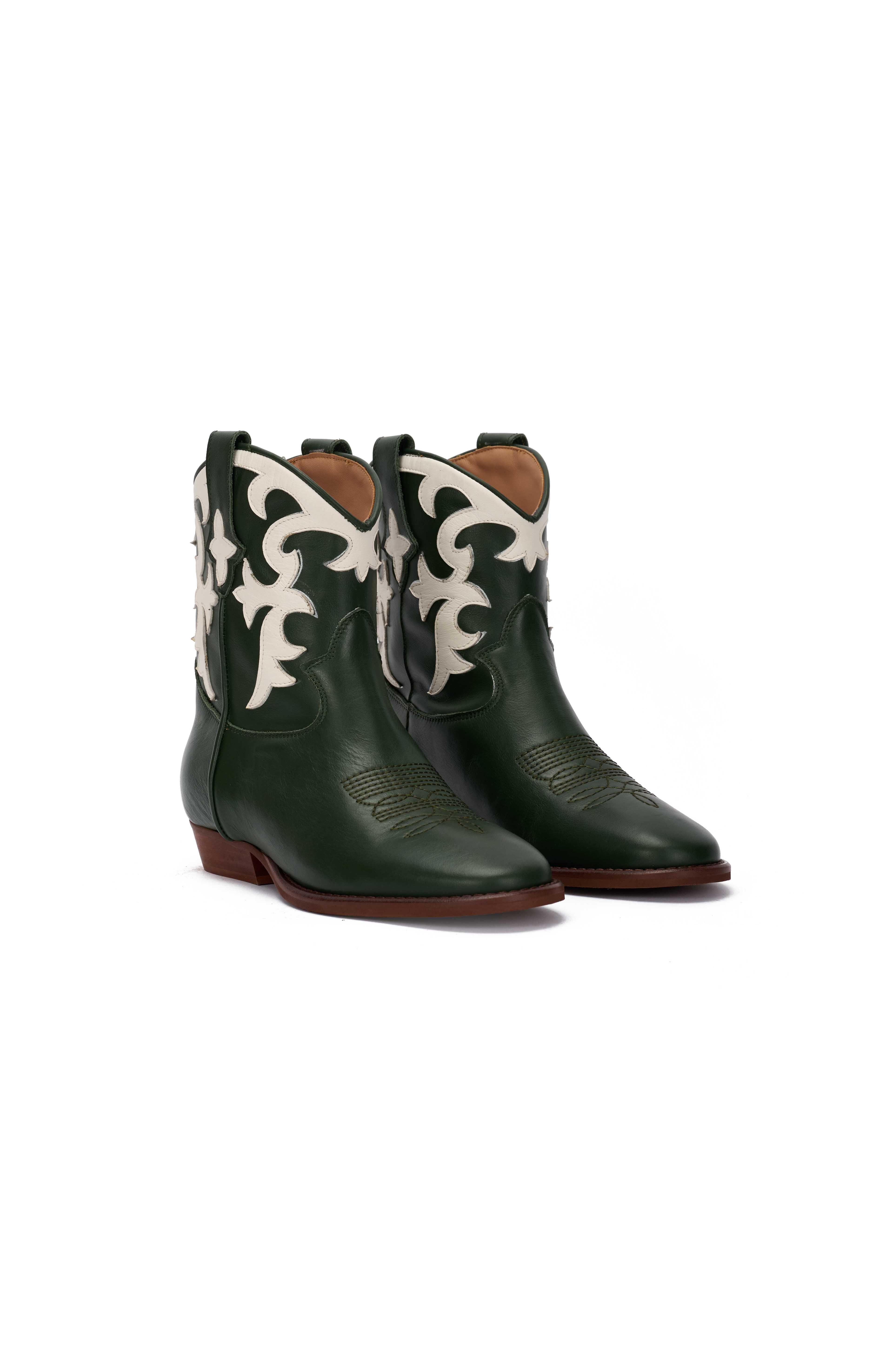 Stivaletto in Pelle Verde con Riporto Panna - Astra