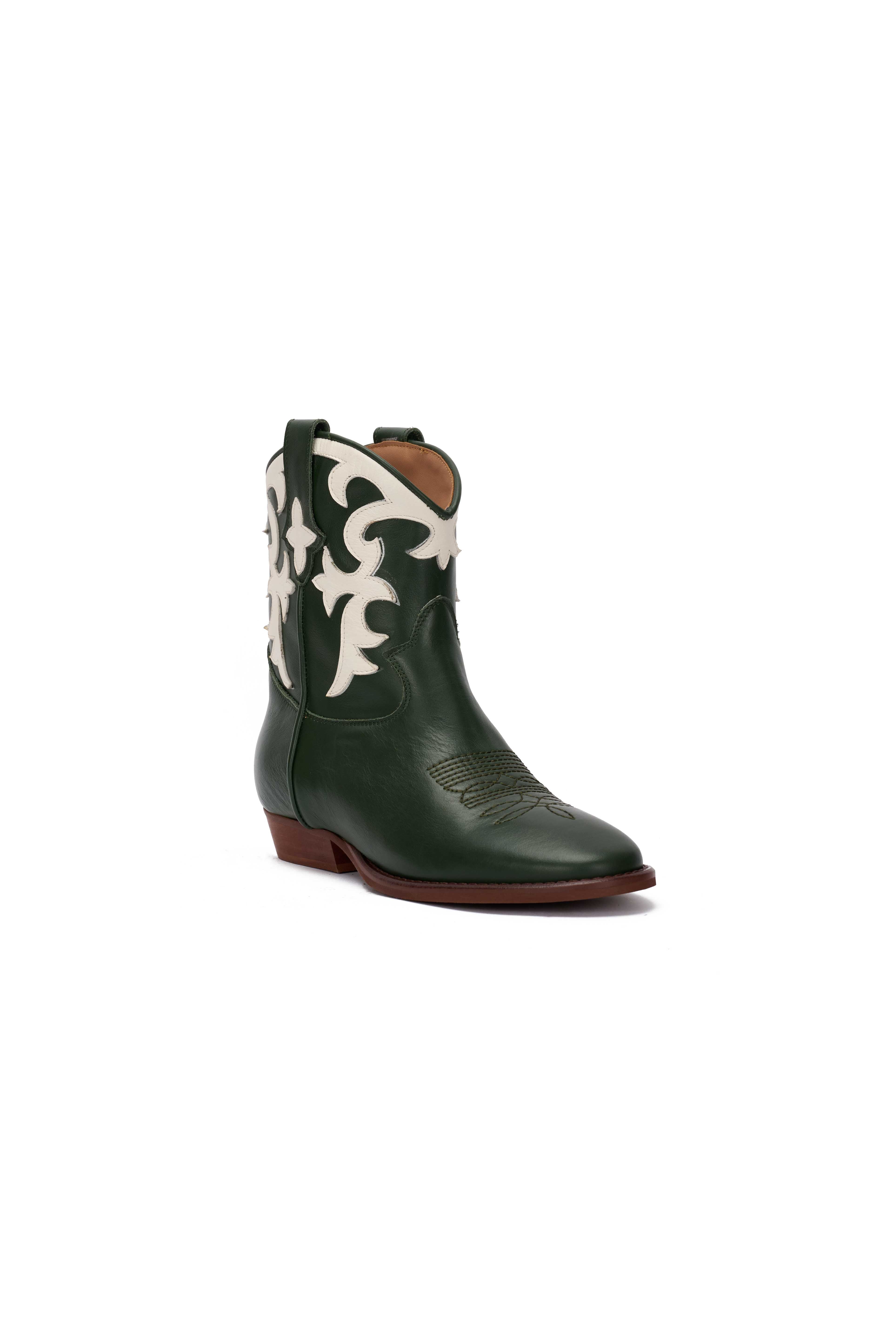 Stivaletto in Pelle Verde con Riporto Panna - Astra