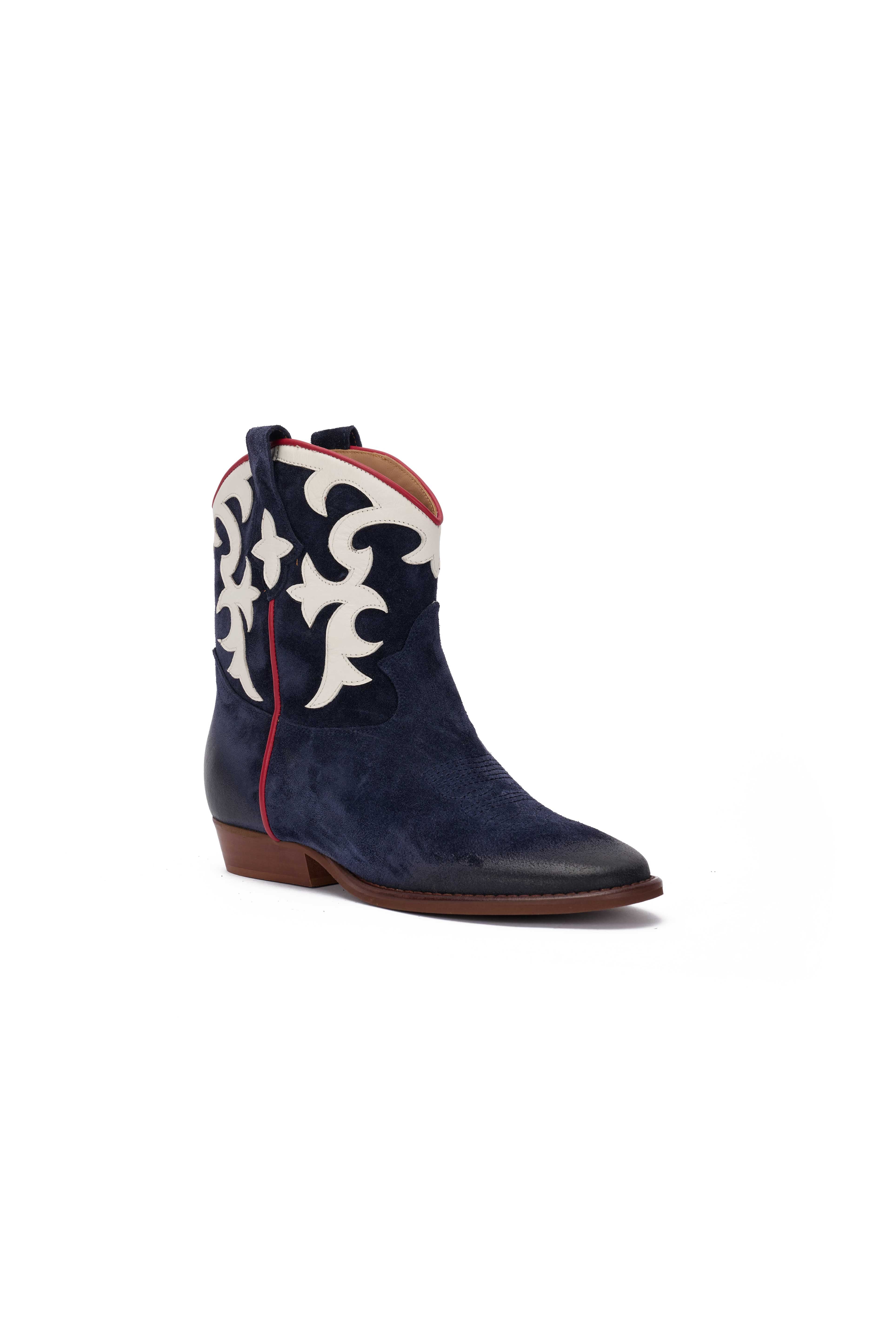 Stivaletto in Camoscio Blu con Riporto Panna e Profilo Rosso - Astra