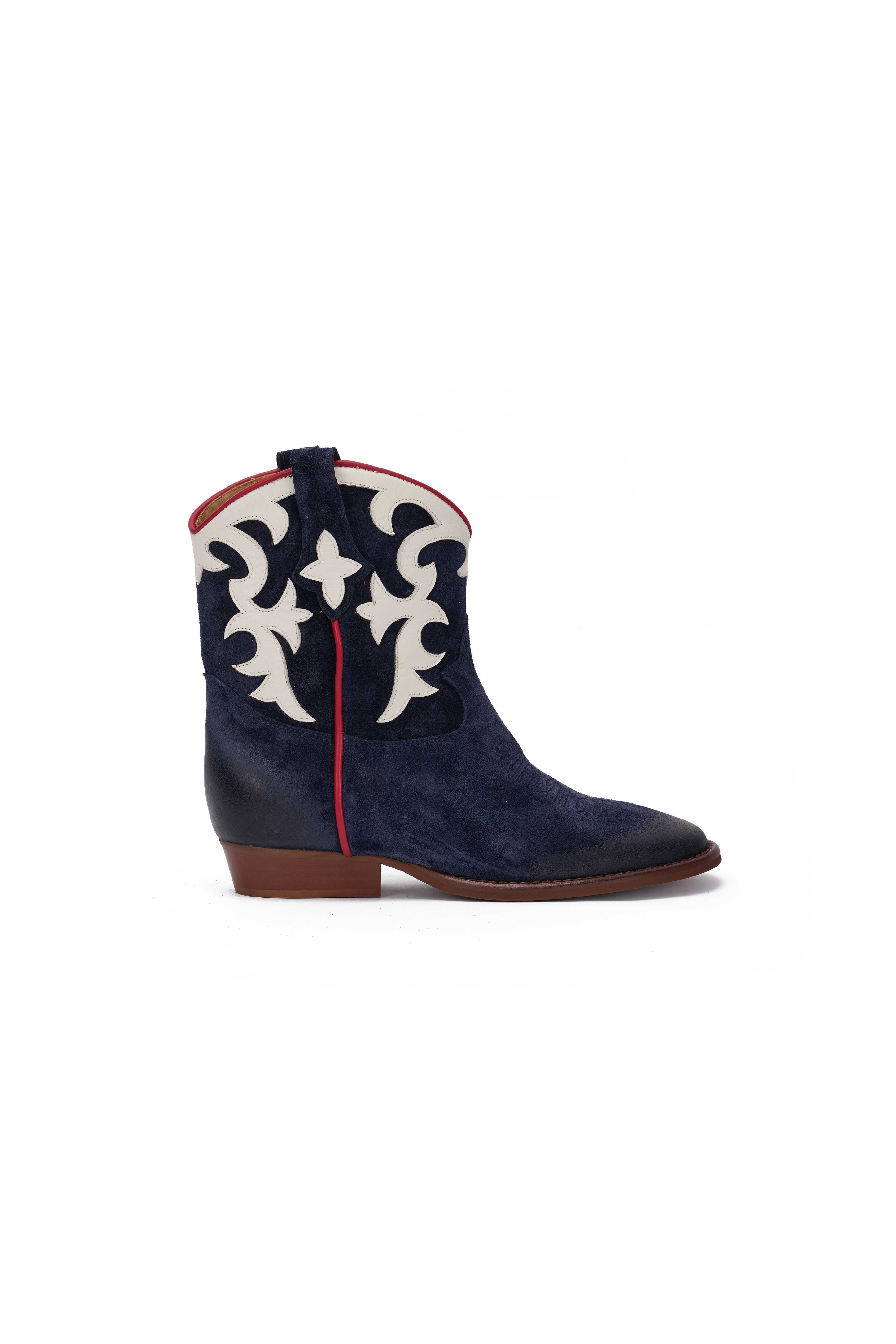 Stivaletto in Camoscio Blu con Riporto Panna e Profilo Rosso - Astra