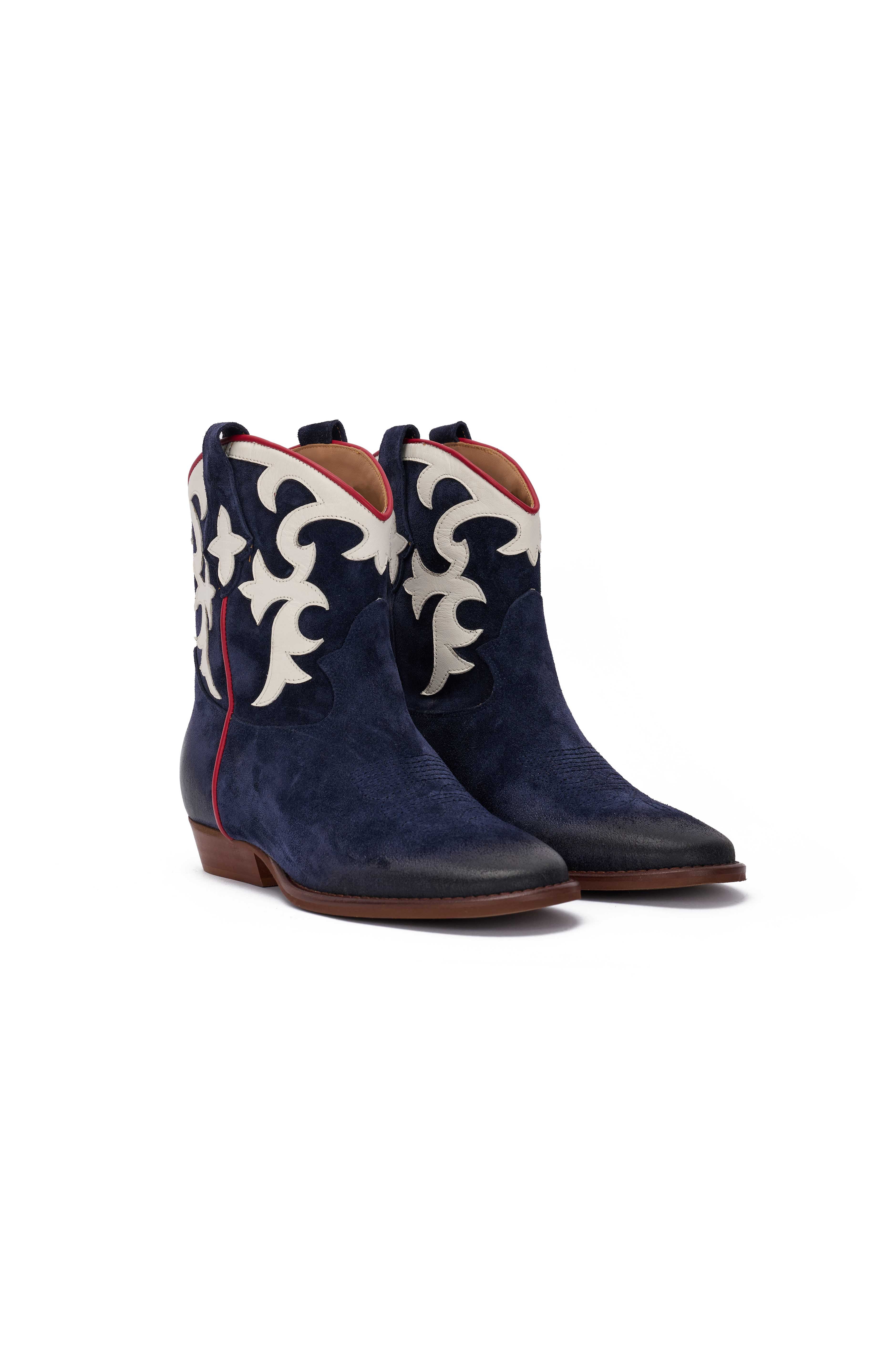 Stivaletto in Camoscio Blu con Riporto Panna e Profilo Rosso - Astra