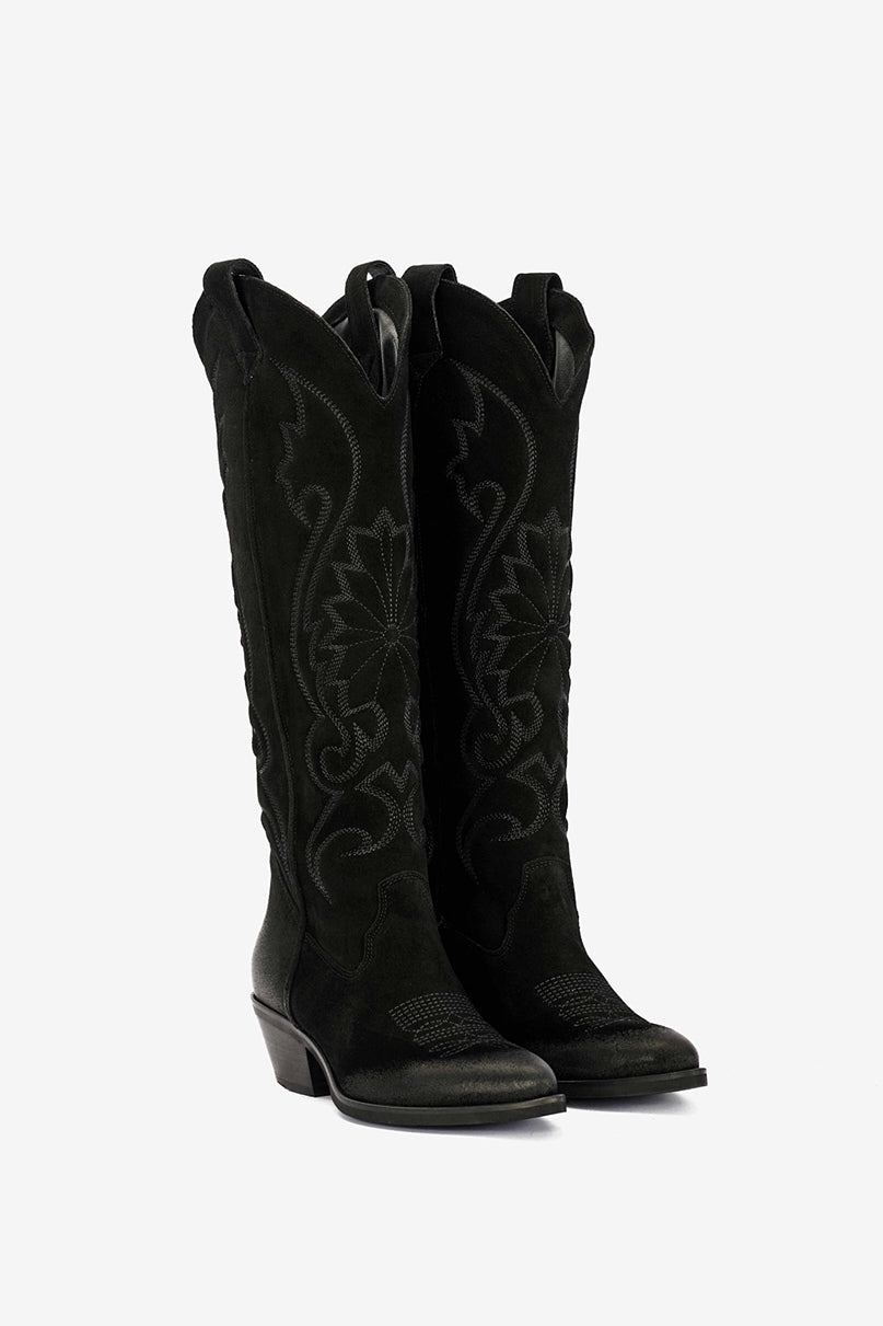 Stivale in Camoscio Nero con Ricamo - Noire