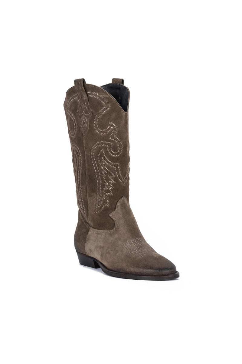 Stivale Camoscio Fango con Ricamo Beige - Durango