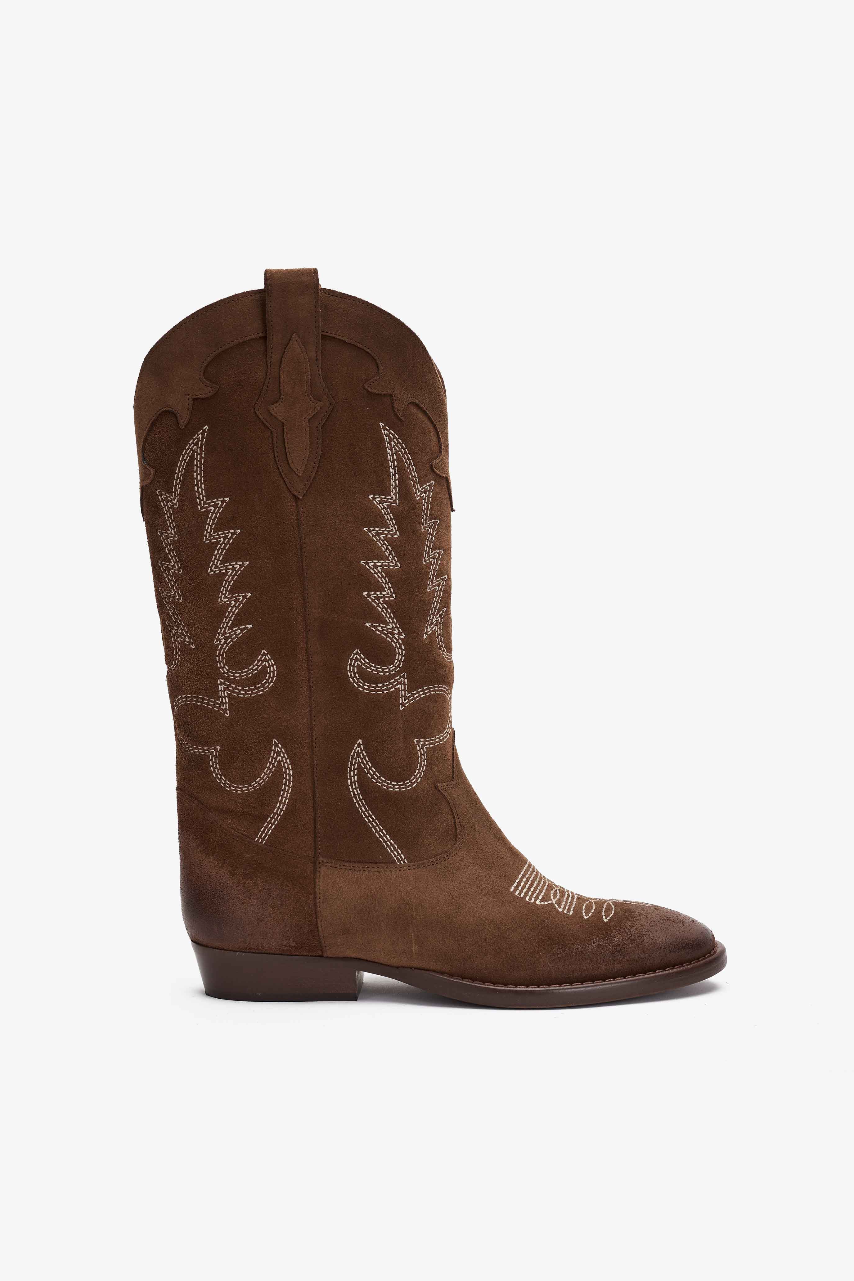 Stivale in Camoscio Tabacco con Ricamo Beige - Selene