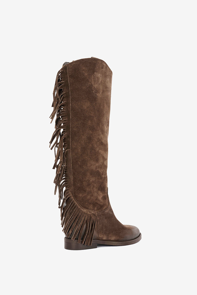 Stivale in Camoscio Castagna e Frange con Zeppa Interna - Sonora