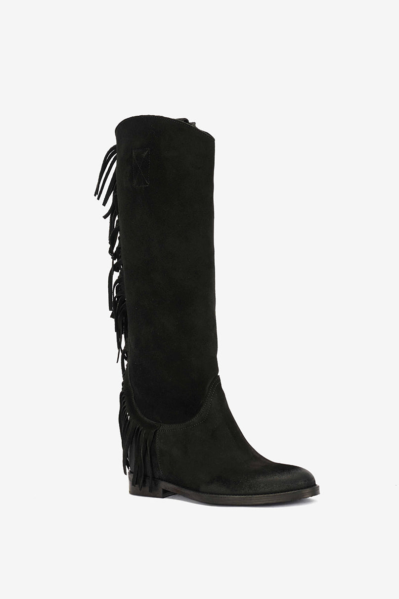 Stivale in Camoscio Nero e Frange con Zeppa Interna - Sonora