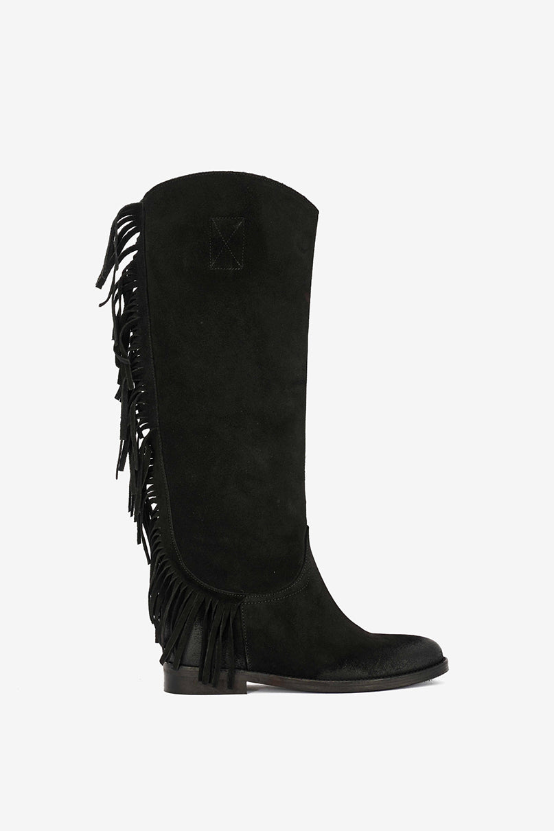 Stivale in Camoscio Nero e Frange con Zeppa Interna - Sonora
