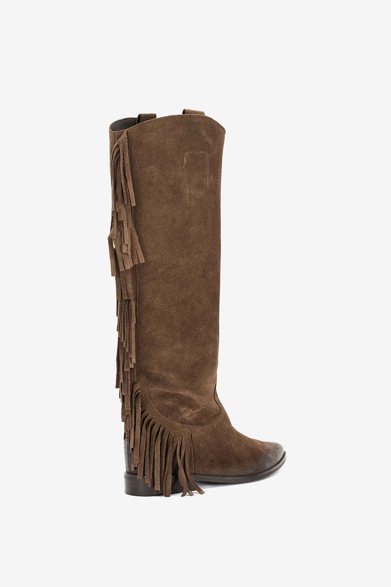 Stivale in Camoscio Castagna e Frange con Zeppa Interna - Vogue