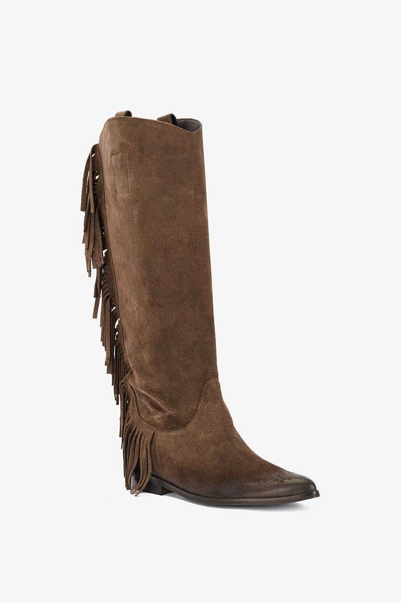 Stivale in Camoscio Castagna e Frange con Zeppa Interna - Vogue