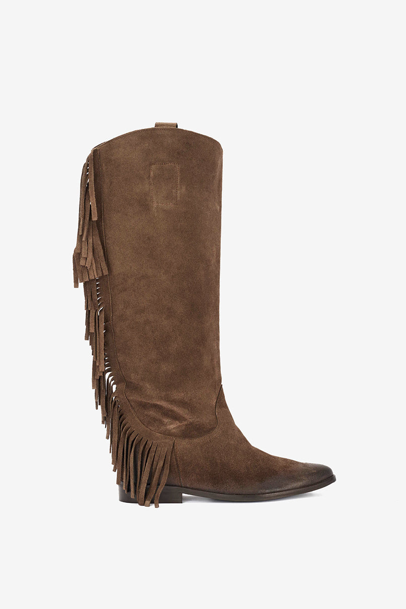 Stivale in Camoscio Castagna e Frange con Zeppa Interna - Vogue