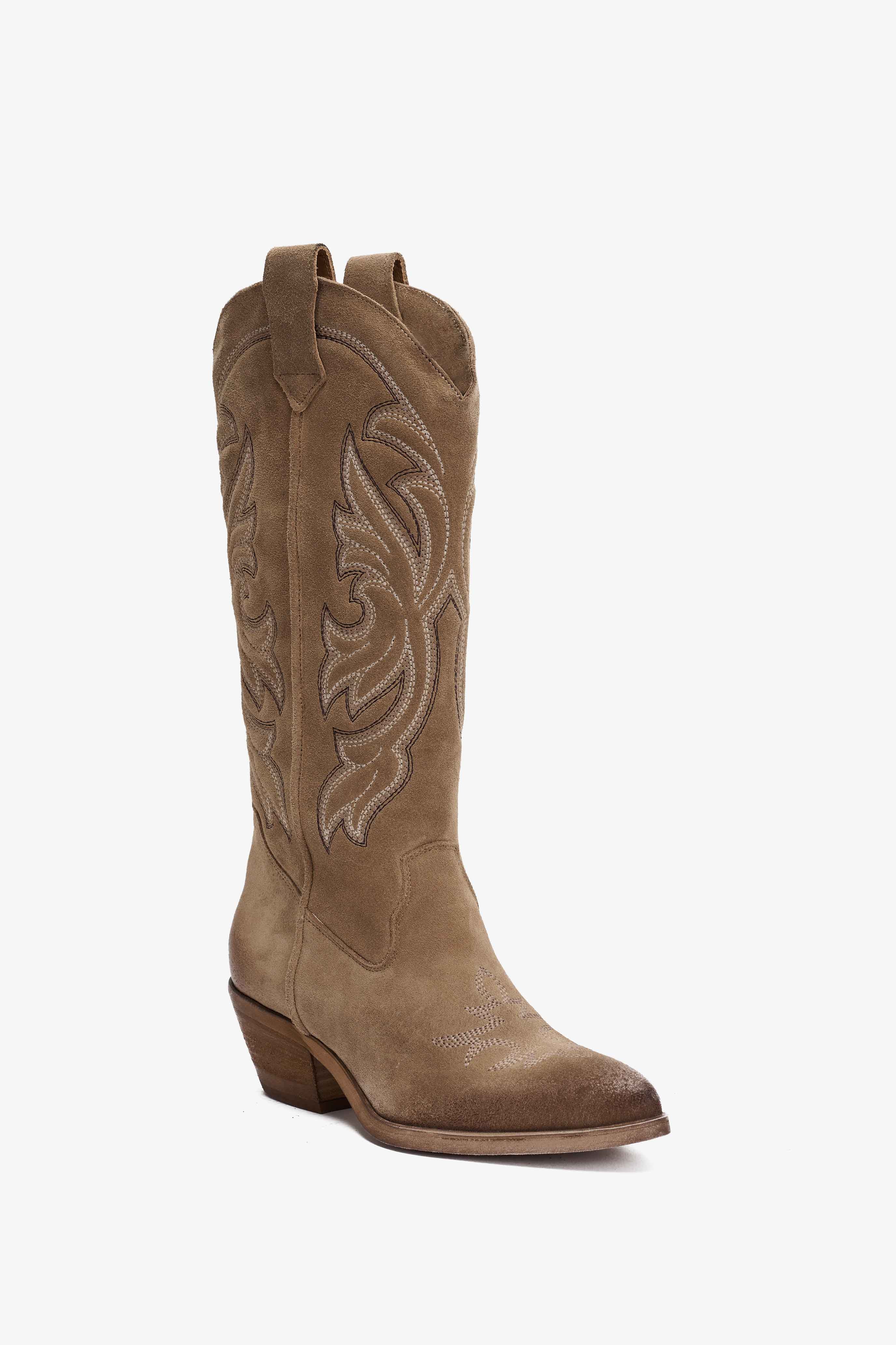 Stivale Texano in Camoscio Fango con Ricamo - Selva