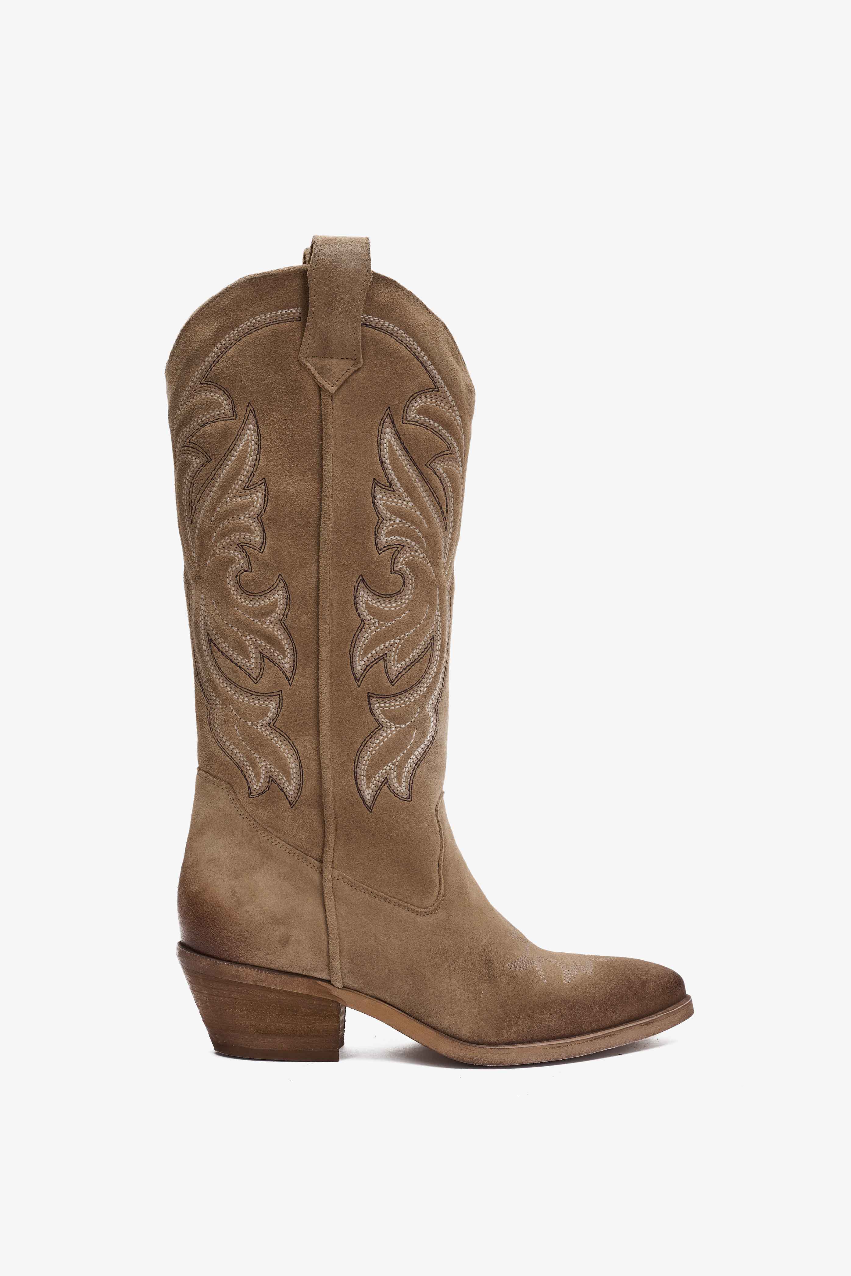 Stivale Texano in Camoscio Fango con Ricamo - Selva