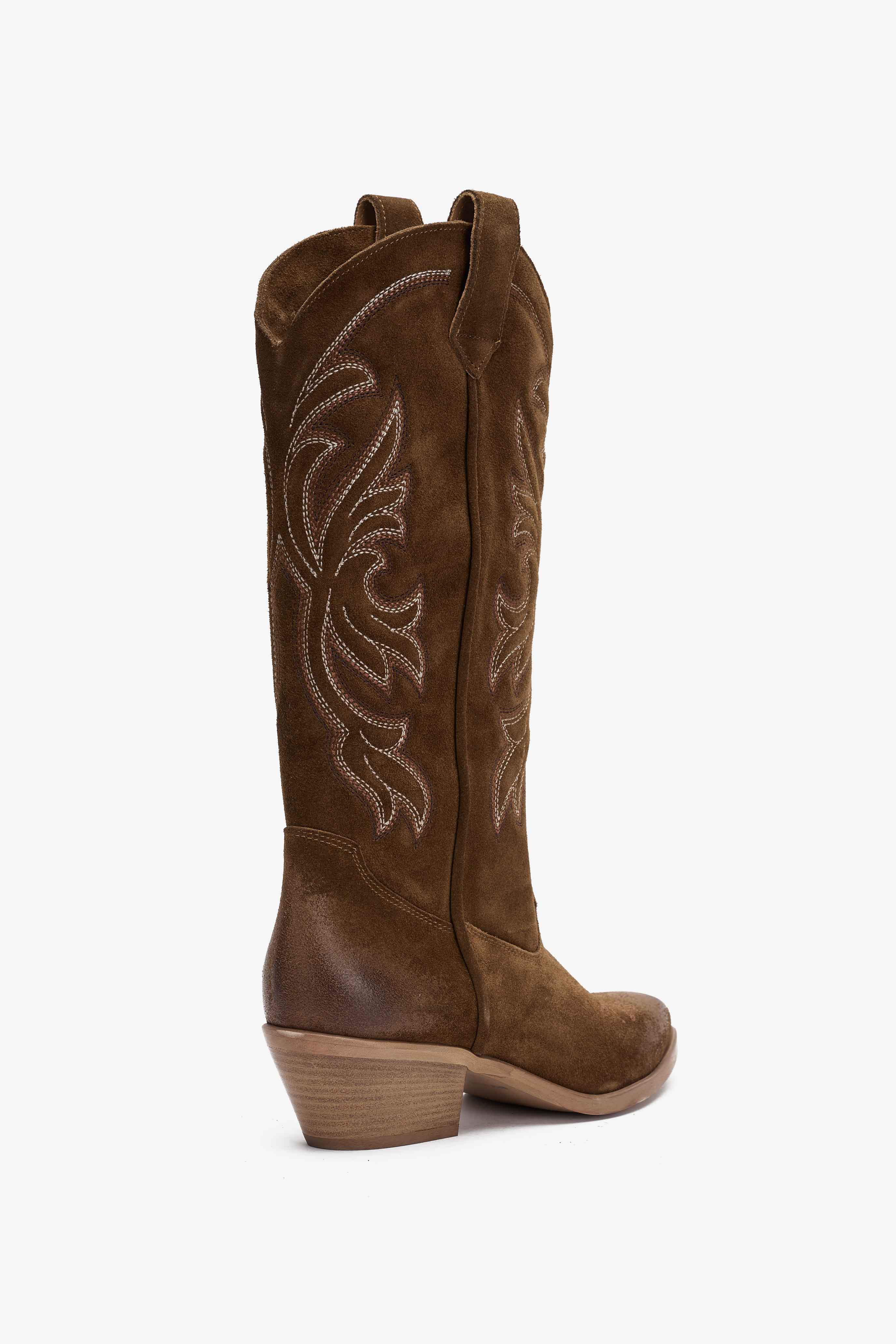 Stivale Texano in Camoscio Tabacco con Ricamo - Selva