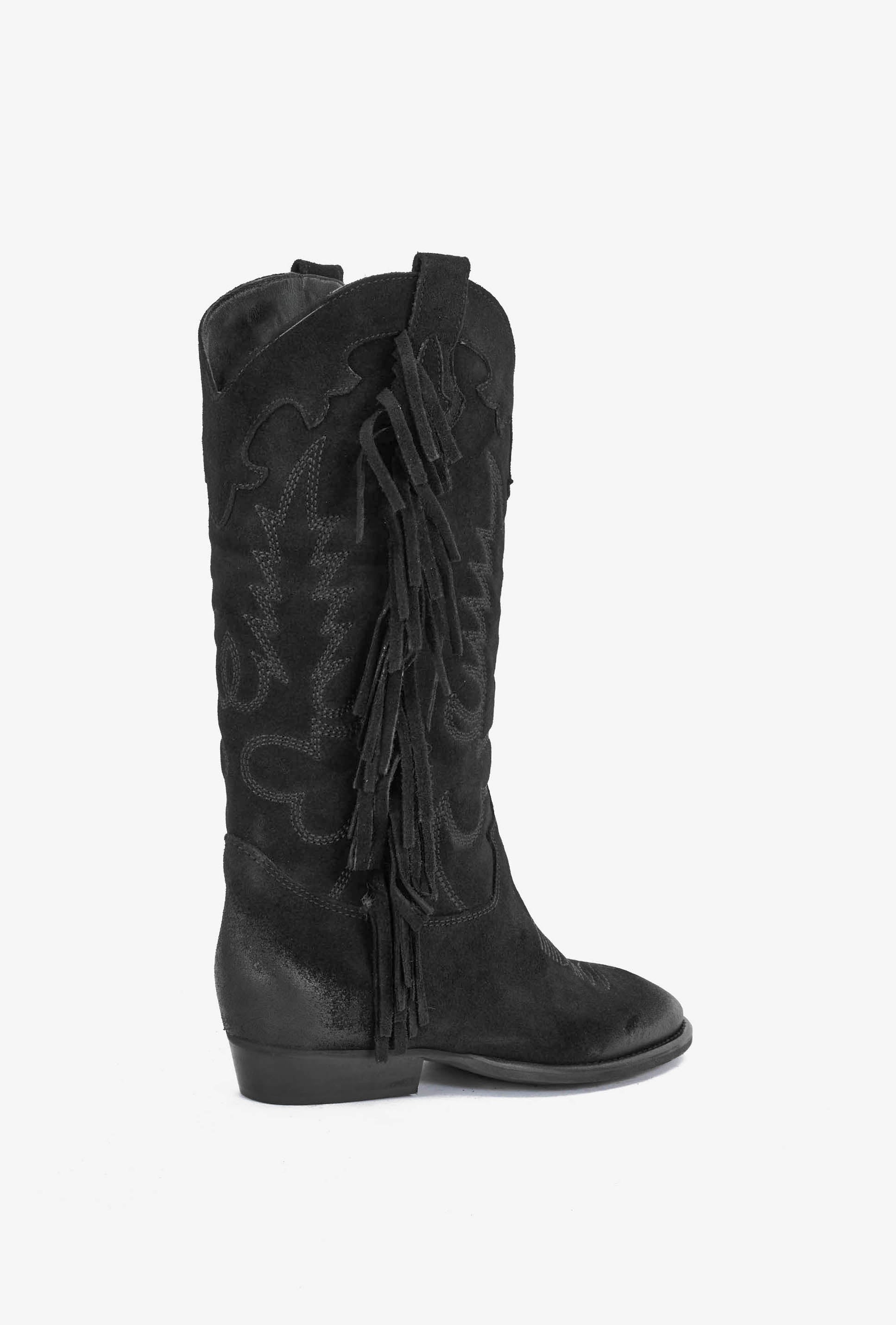 Stivale in Camoscio Nero con Ricamo e Frange - Electra
