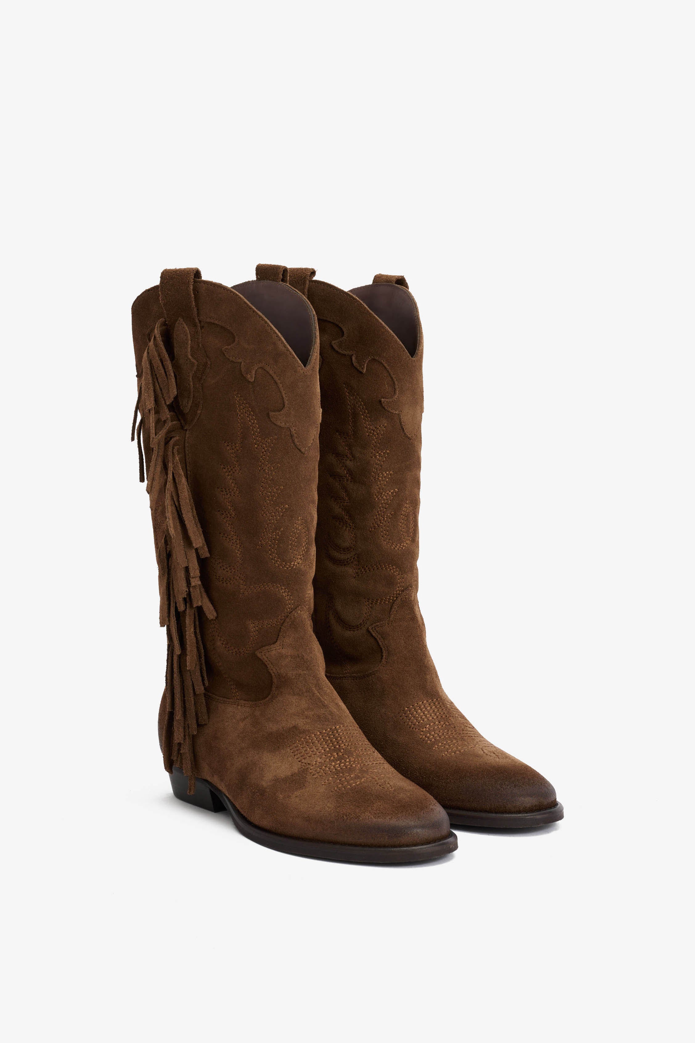 Stivale in Camoscio Tabacco con Ricamo e Frange - Electra