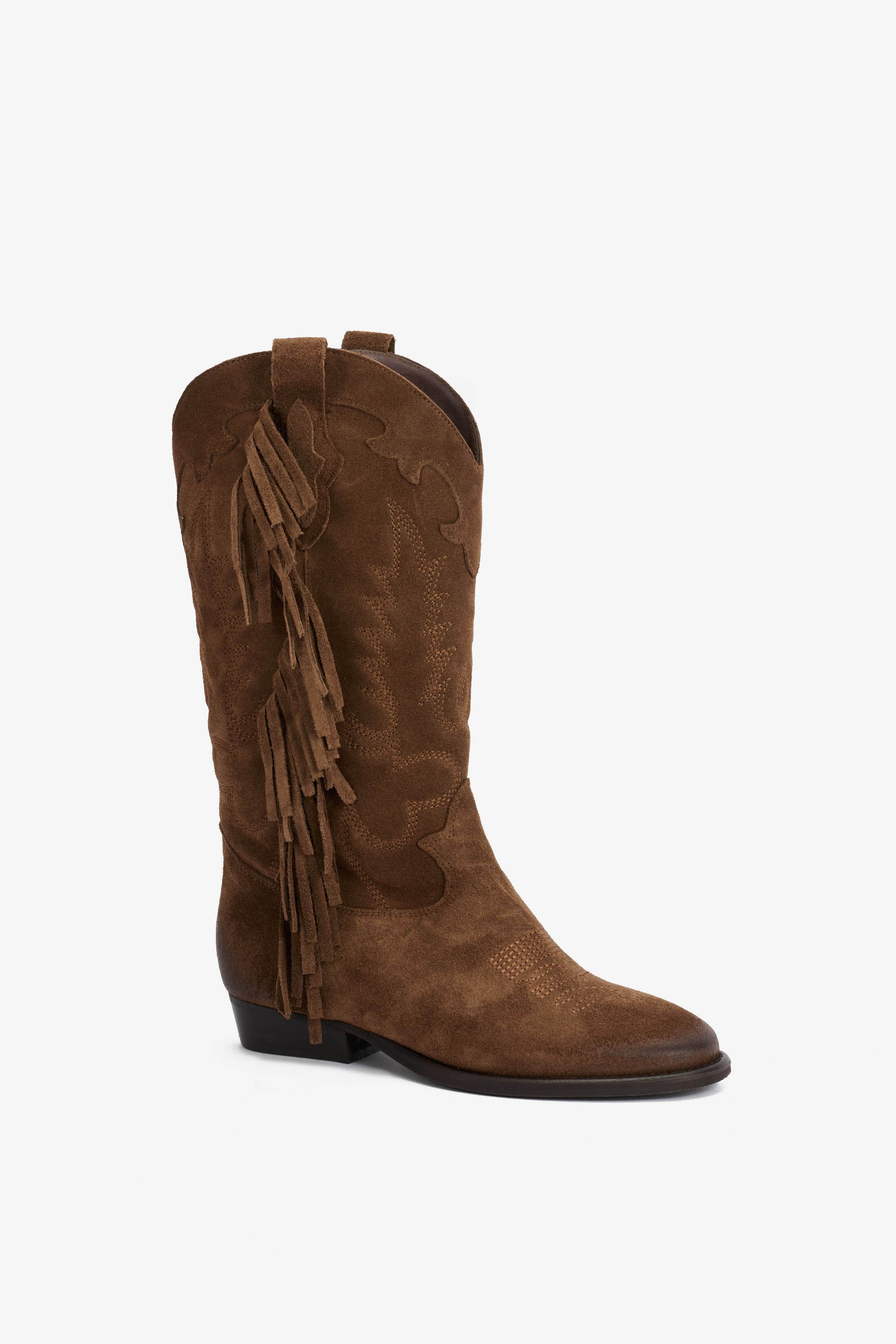 Stivale in Camoscio Tabacco con Ricamo e Frange - Electra