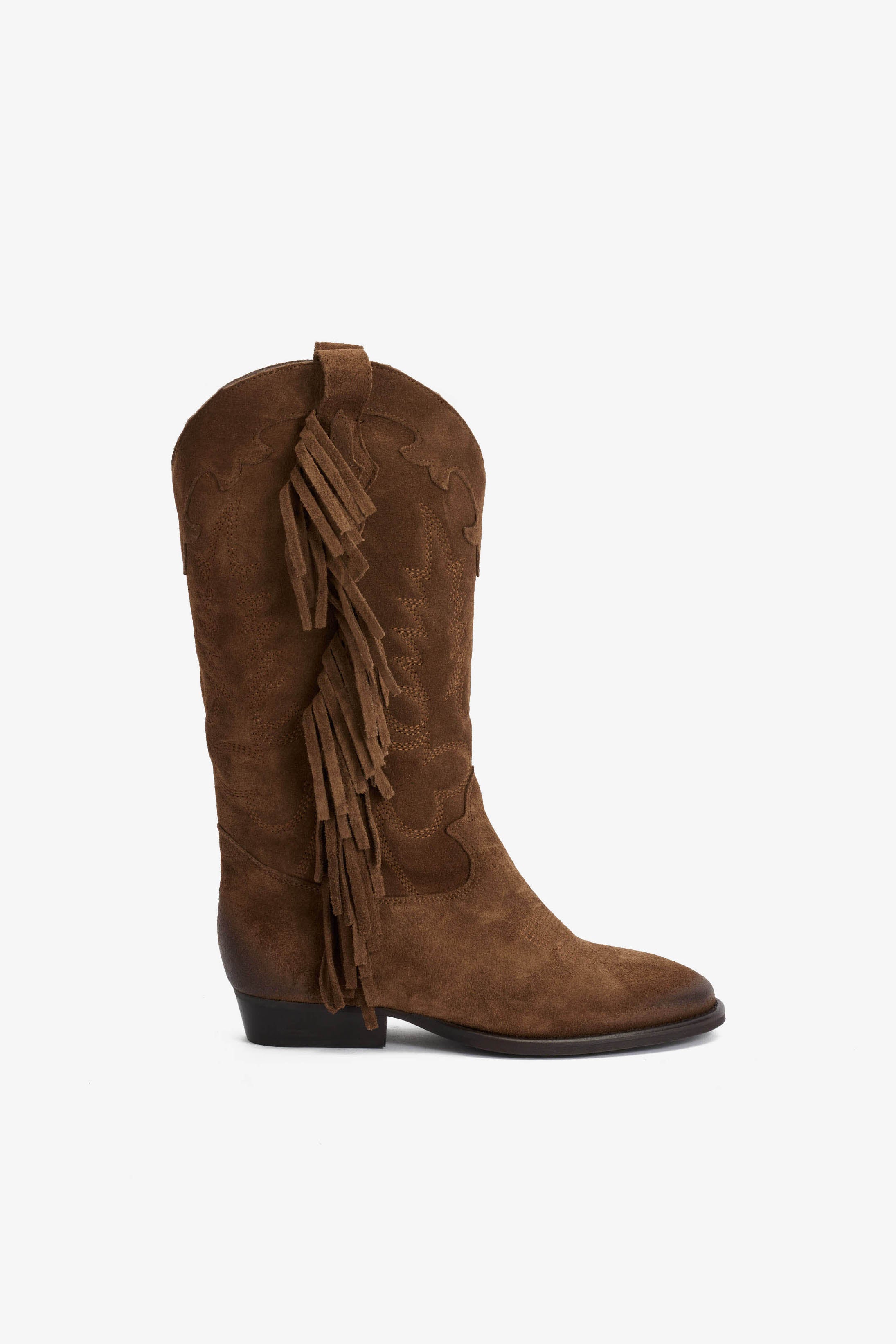 Stivale in Camoscio Tabacco con Ricamo e Frange - Electra