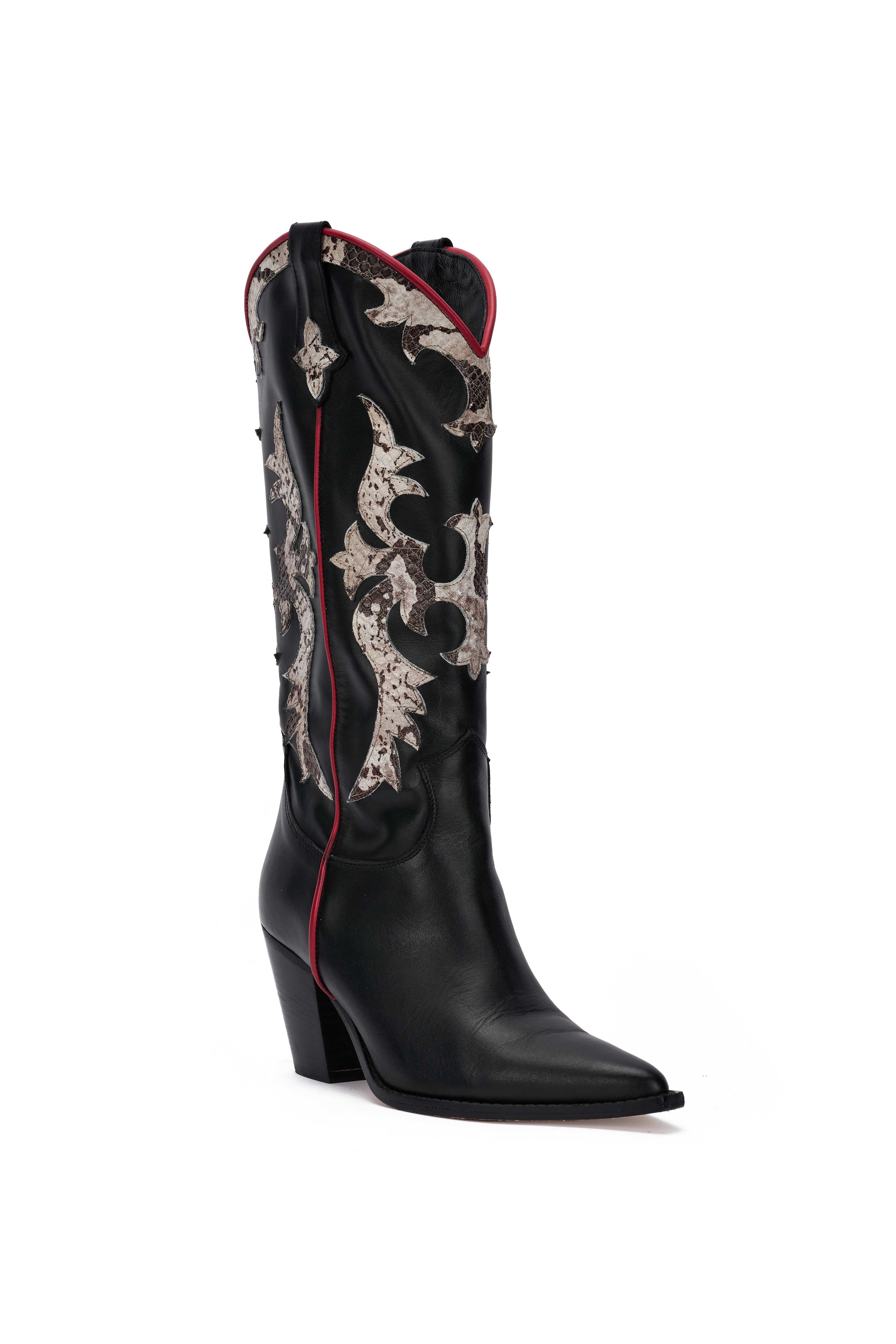Stivale in Pelle Nera con Riporto Pitone Roccia e Profilo Rosso - Cheyenne