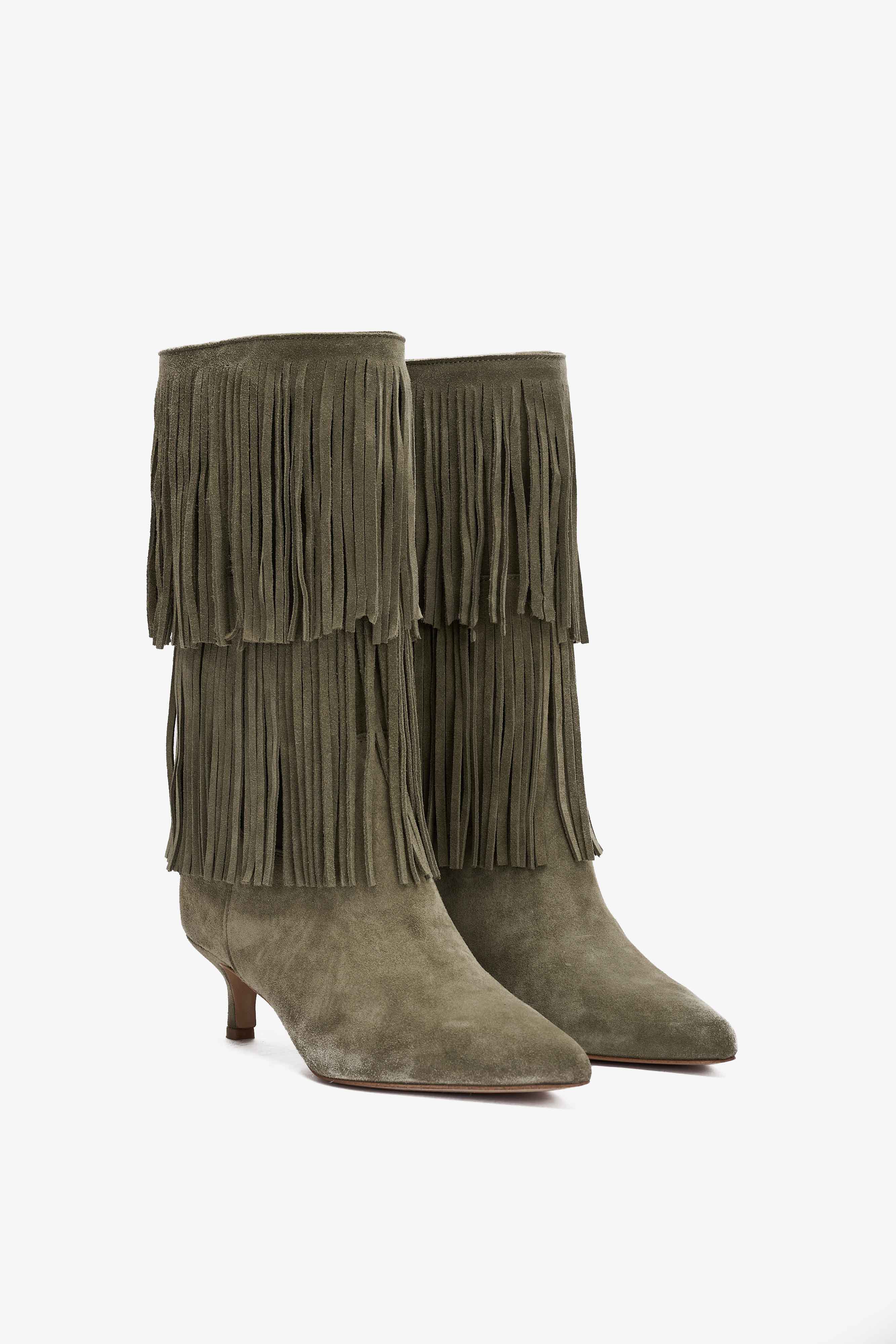 Stivale in Camoscio Verde Militare con Doppia Frangia - Zara