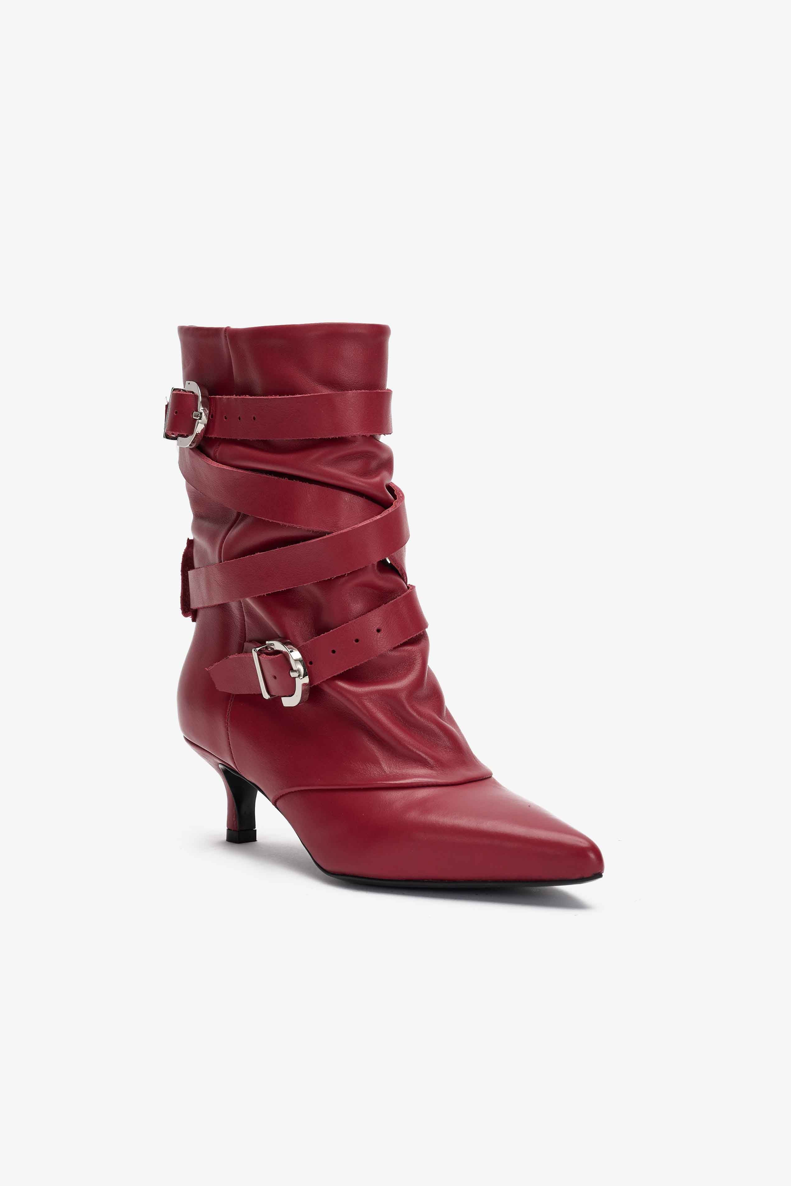 Stivaletto in Pelle Bordeaux con Multi-Cinturino - Rebel