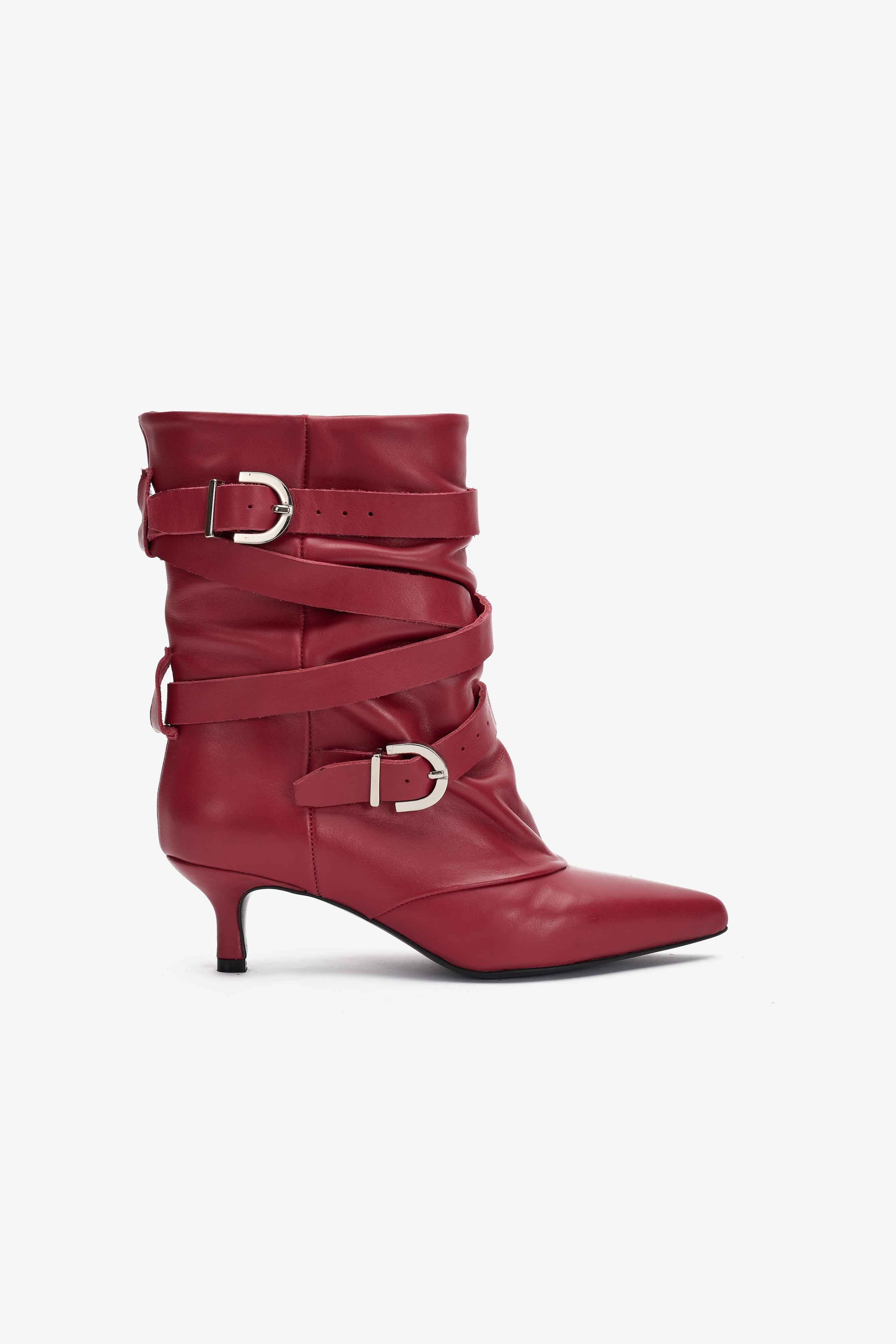 Stivaletto in Pelle Bordeaux con Multi-Cinturino - Rebel