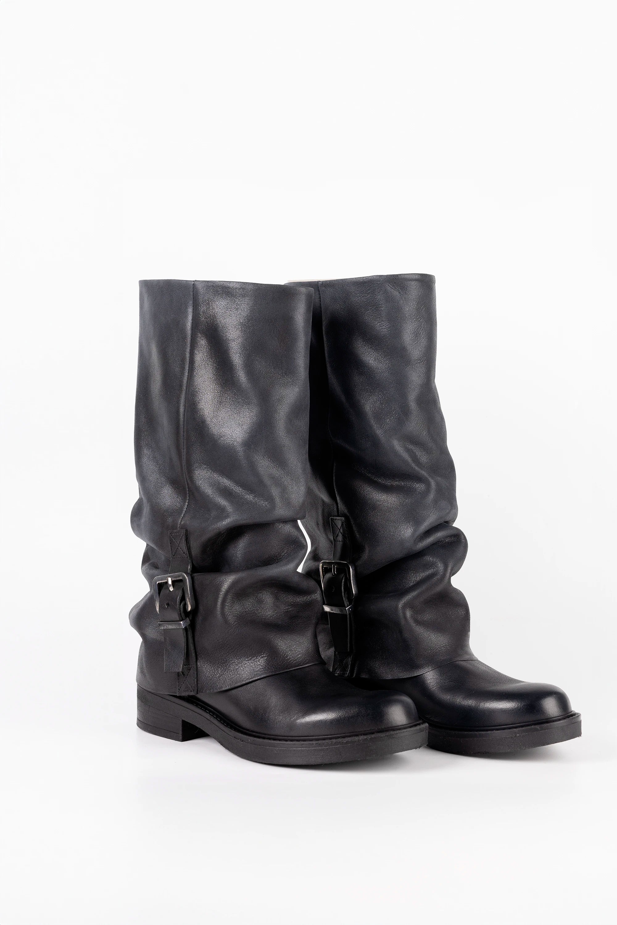 Stivale Biker in Vitello Nero - Rhea
