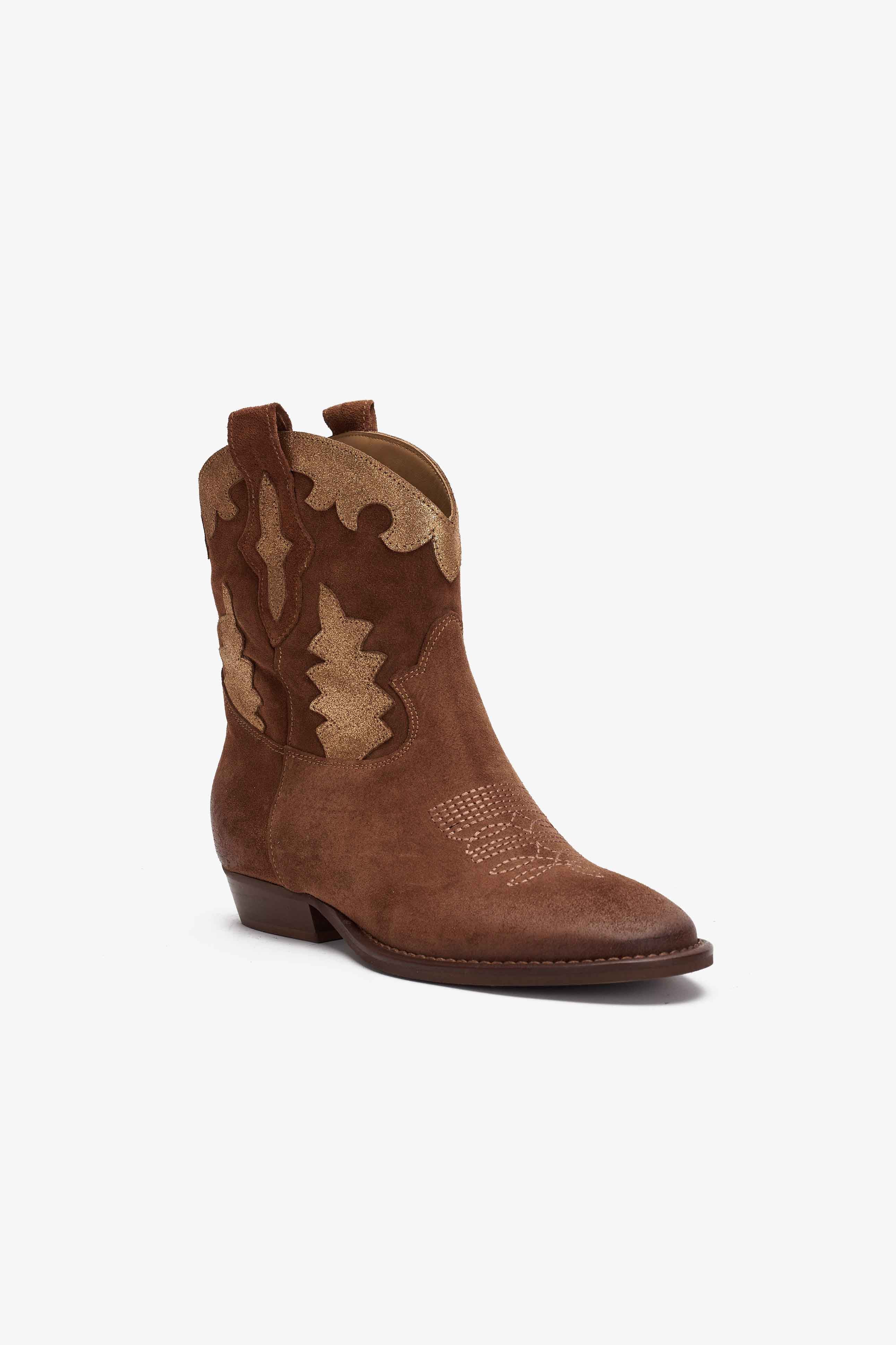 Stivaletto in Camoscio Tabacco con Riporti Champagne - Rodeo