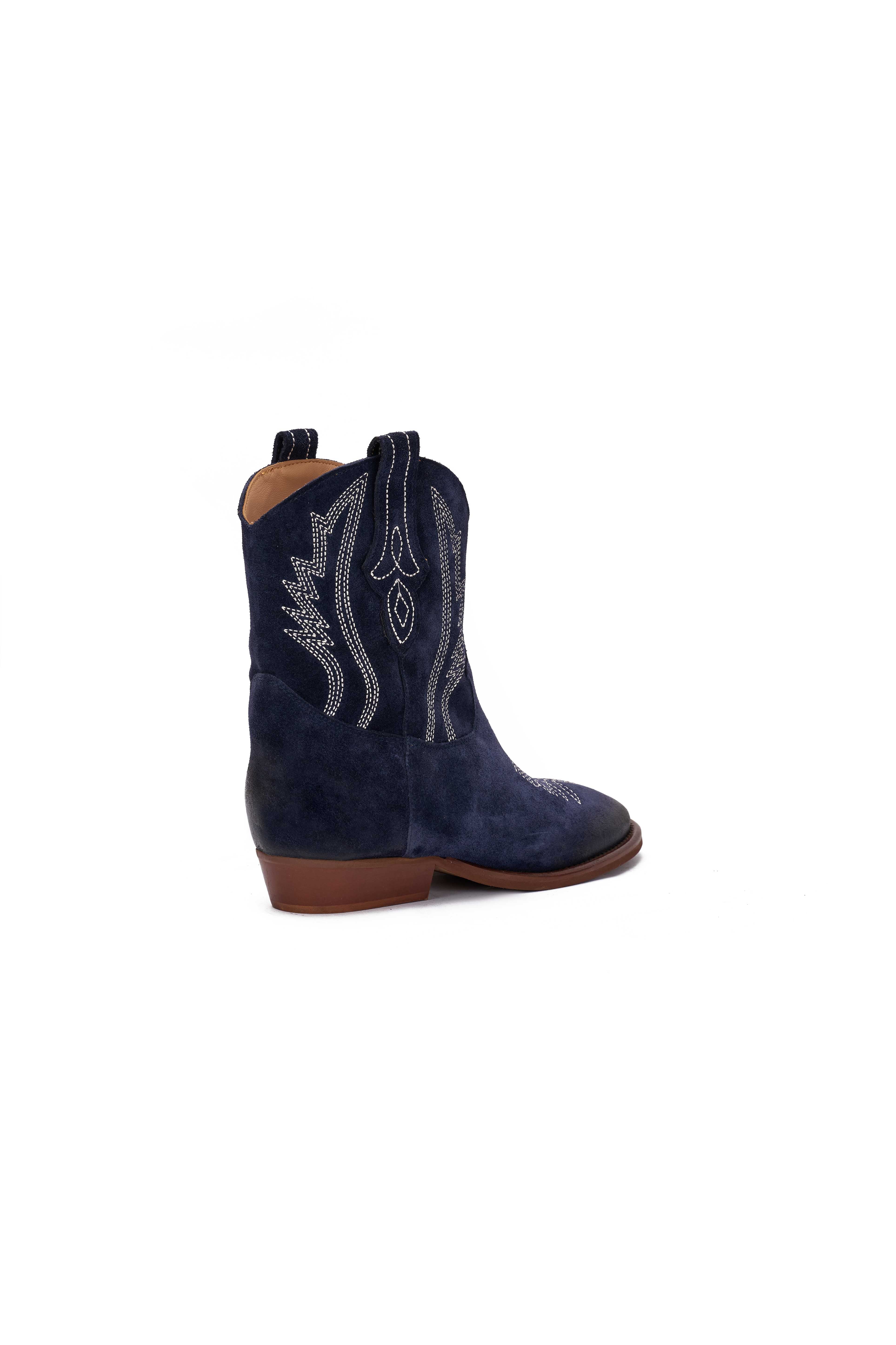 Stivaletto in Camoscio Blu con Ricamo Beige - Desya