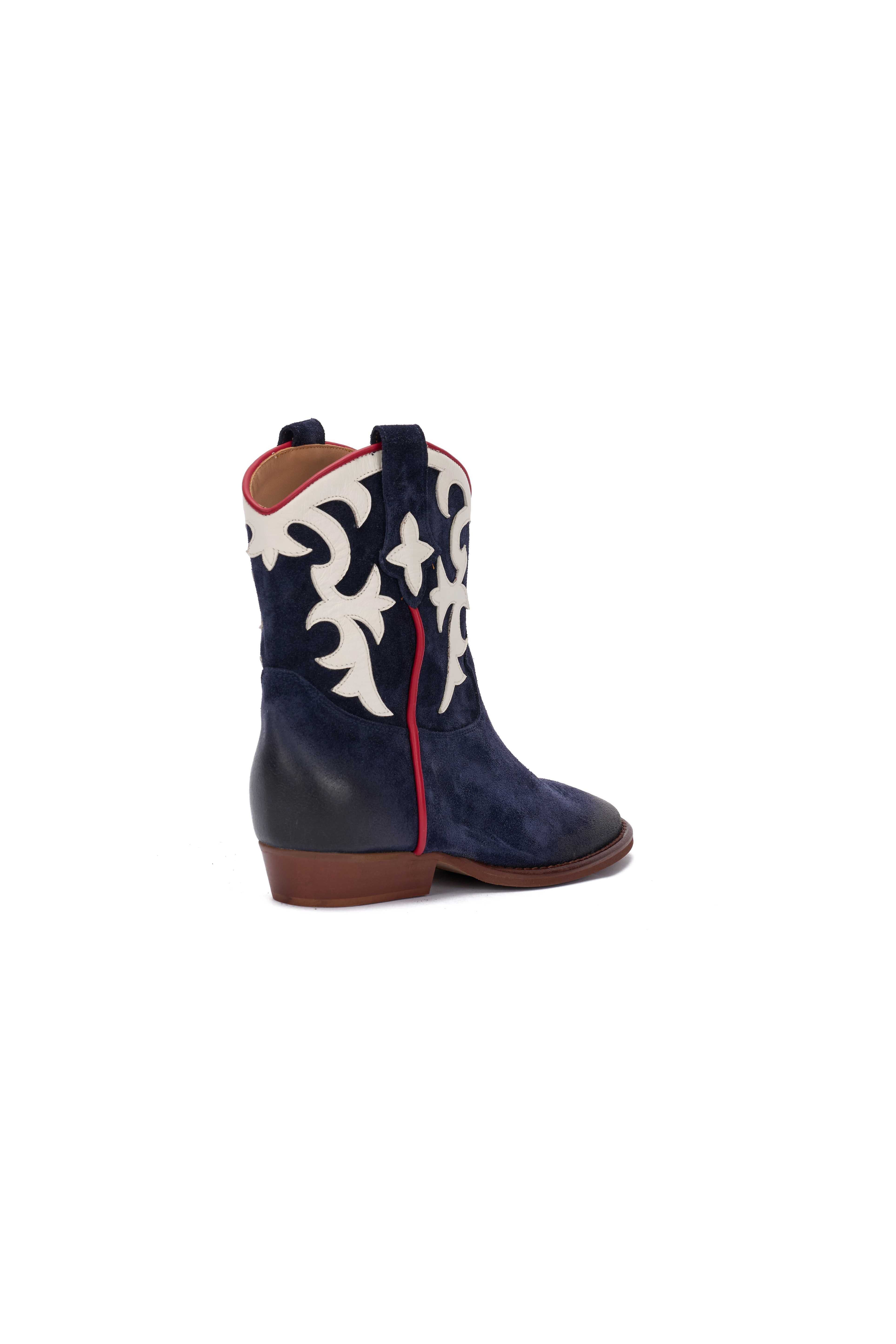 Stivaletto in Camoscio Blu con Riporto Panna e Profilo Rosso - Astra