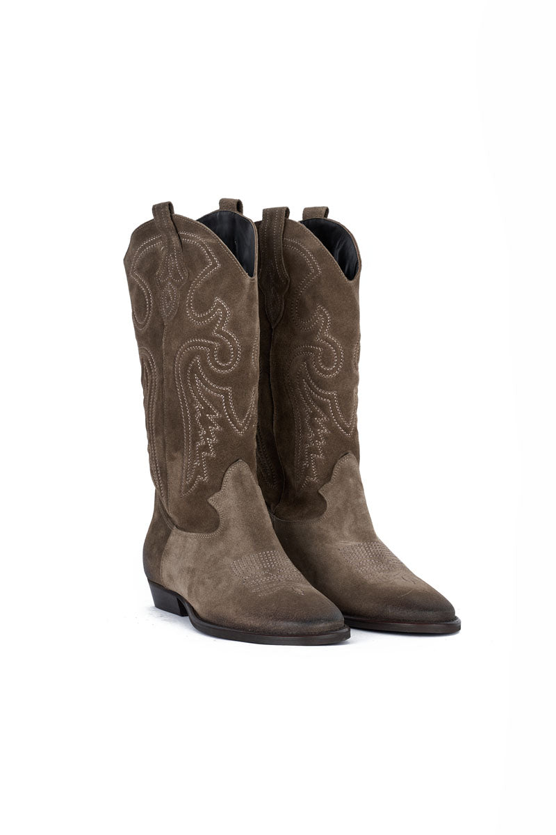 Stivale Camoscio Fango con Ricamo Beige - Durango