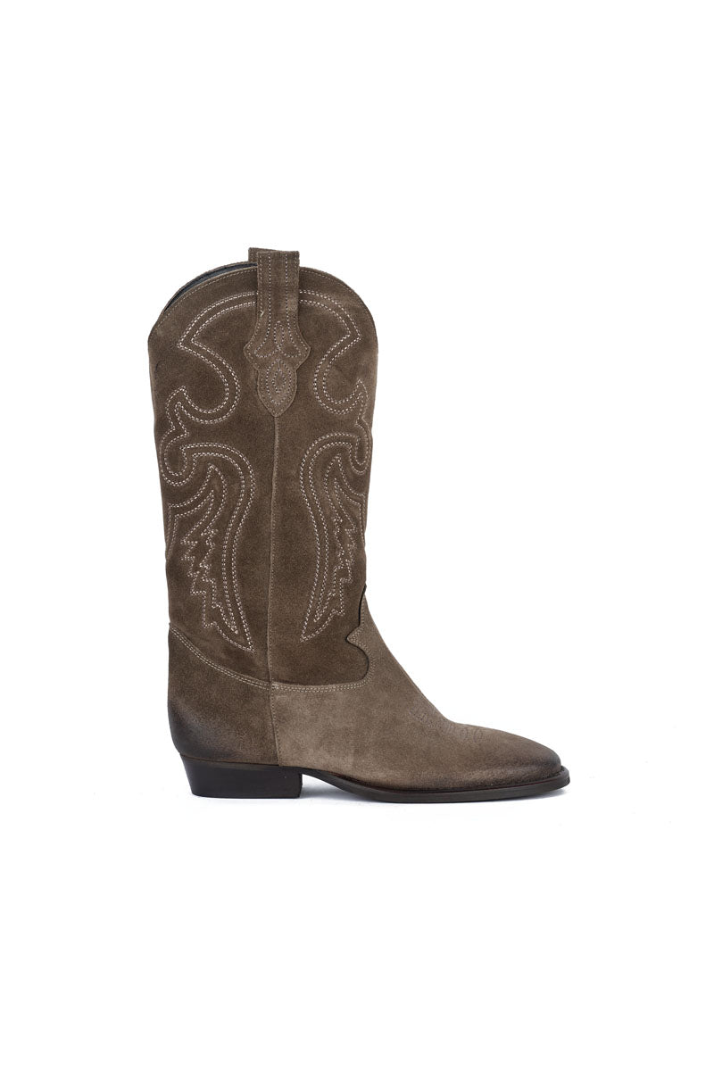 Stivale Camoscio Fango con Ricamo Beige - Durango