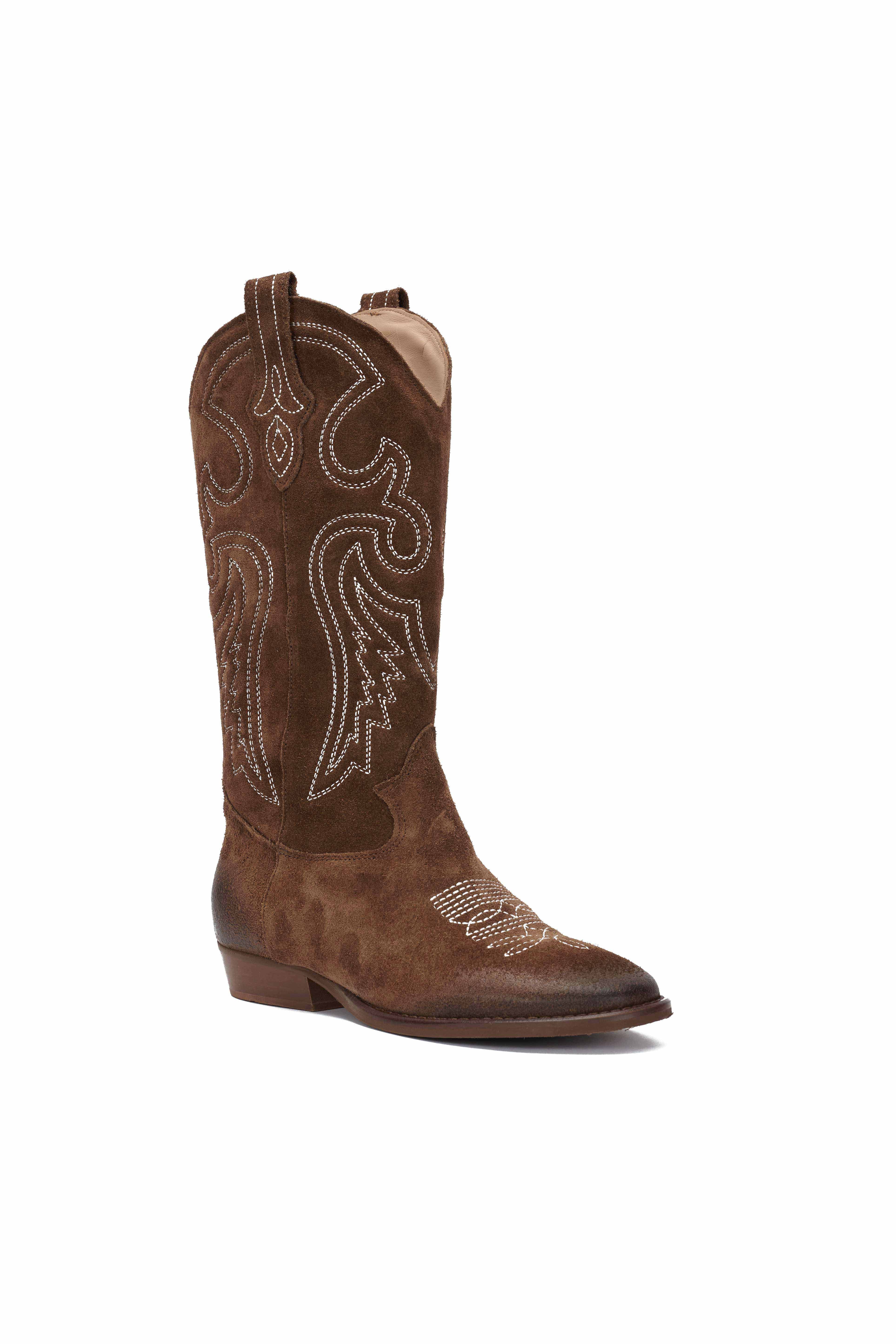 Stivale Camoscio Tabacco con Ricamo Beige - Durango